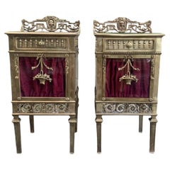 Louis XVI Pair of Bronze Vitrine Nightstands with Mirrored Doors and Drawer