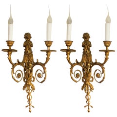 Louis XVI Pair of French Bronze Cherub Putti Playing Flute Filigree Sconces