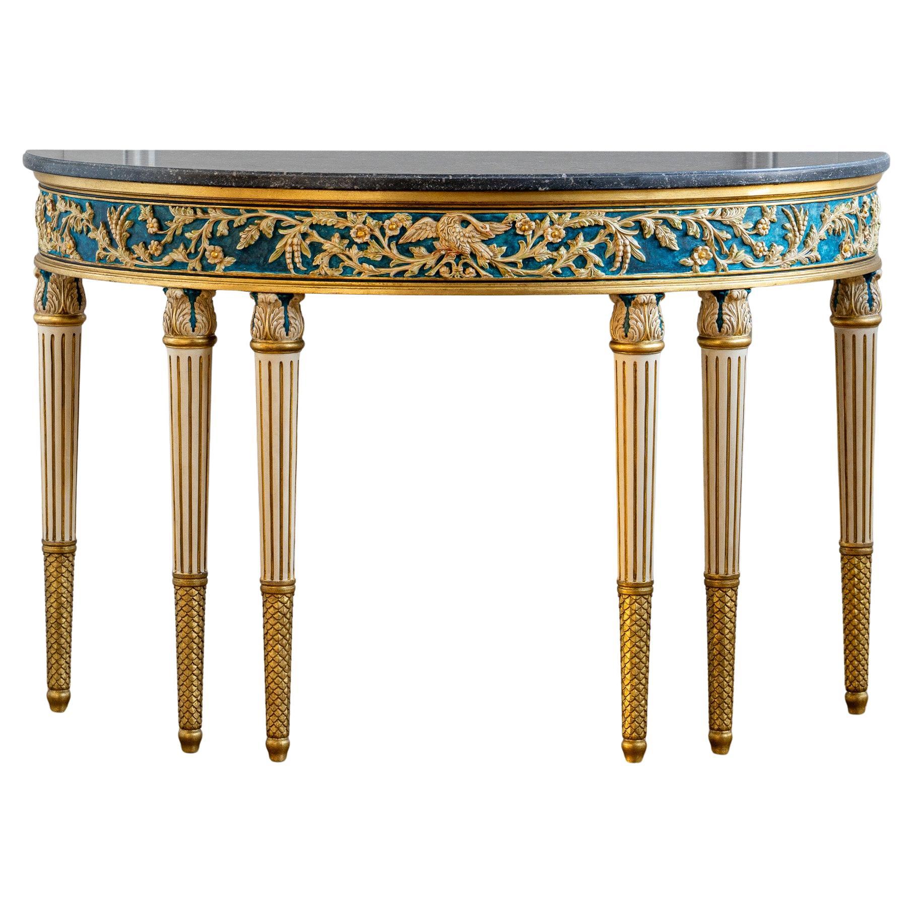 Louis XVI Parcel-Gilt, Polychrome Demi-Lune Console Table, by La Maison London For Sale