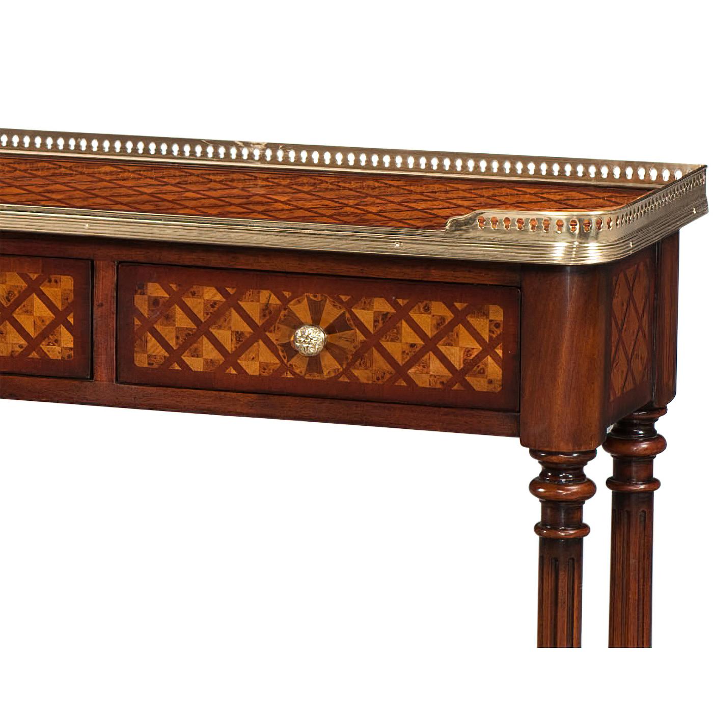 Louis XVI Parquetry console table. A burl lattice parquetry, brass mounted console table having a pierced brass gallery to the top and lower shelf, four frieze drawers, on turned and fluted legs joined by an under tier. 

Dimensions: 58.25