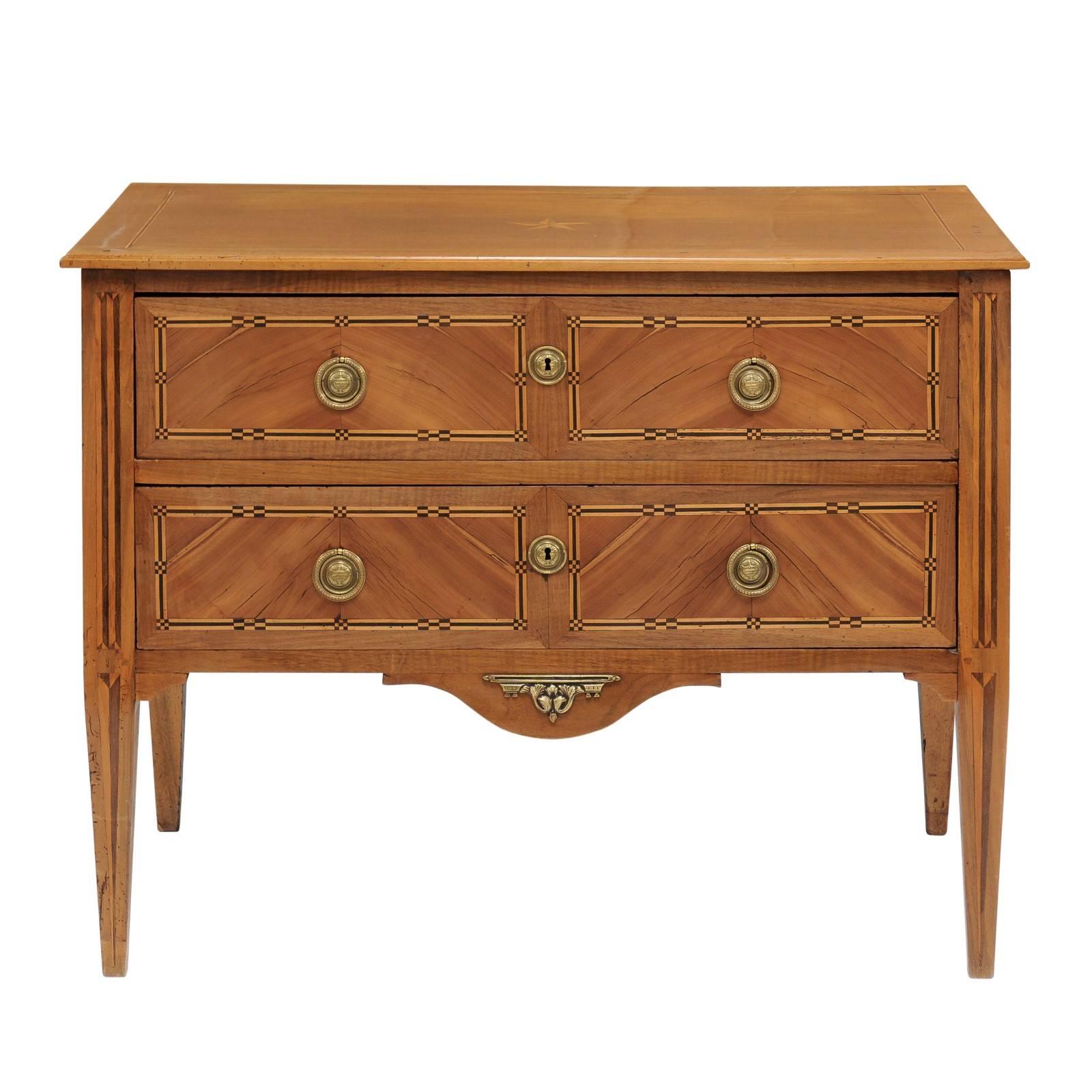 Louis XVI Period French Walnut Commode with Marquetry Décor, Late 18th Century