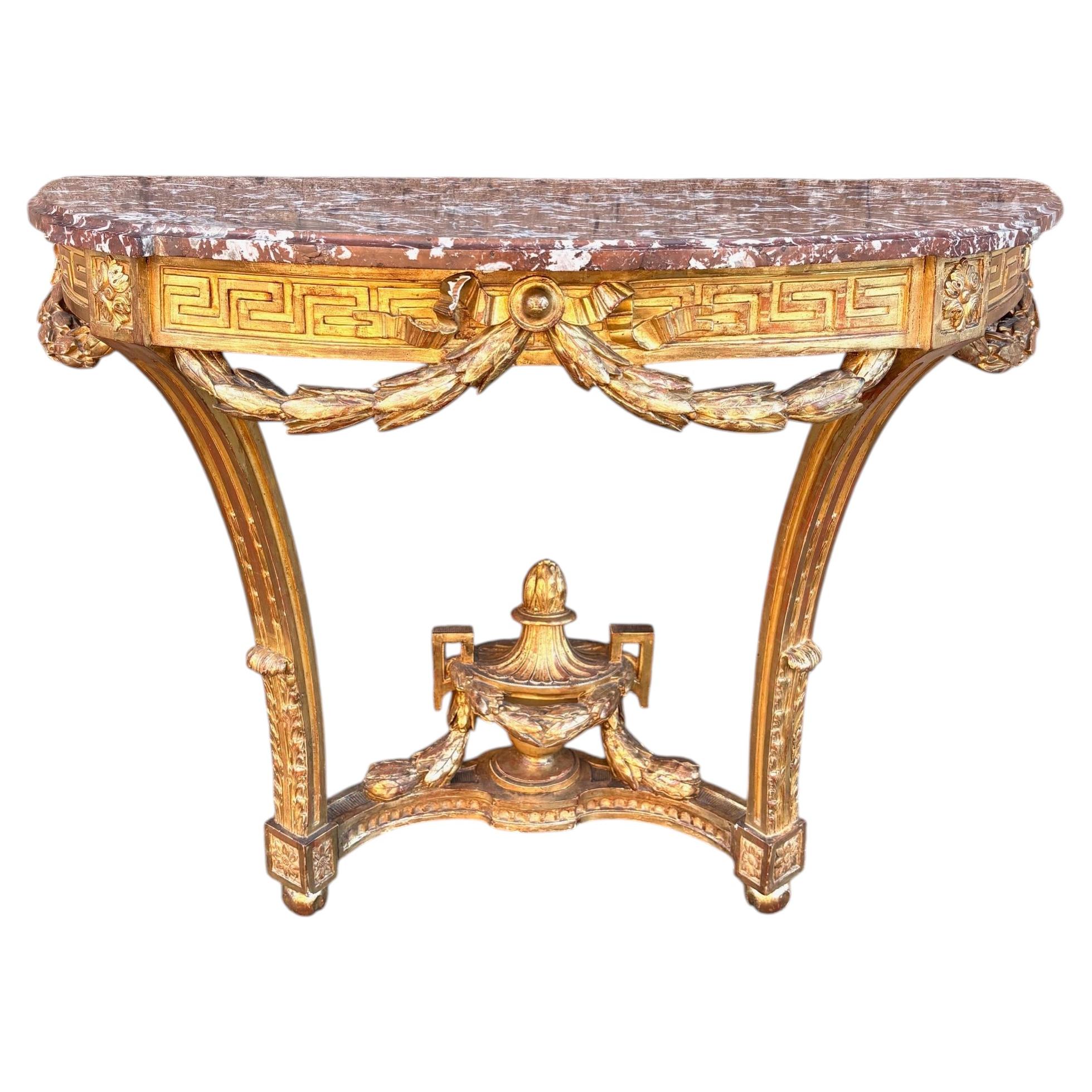 Louis XVI Period Gilt Wood Demi Lune Console Table With Rouge Royal Marble Top