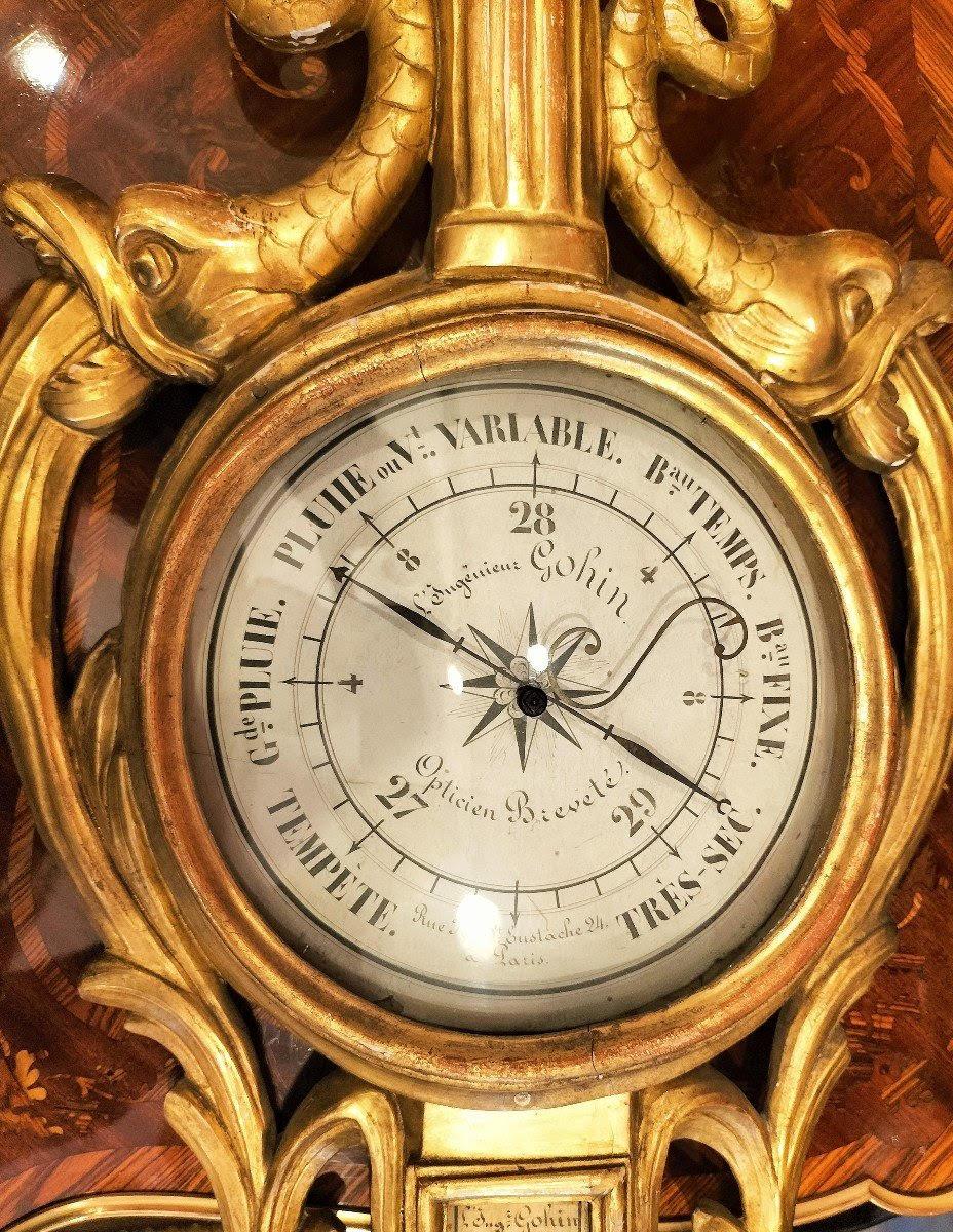Louis XVI period giltwood barometer, 18th Century.

An 18th century carved and gilded wood barometer, Louis XVI period.
h: 100cm, w: 40cm, d: 4cm