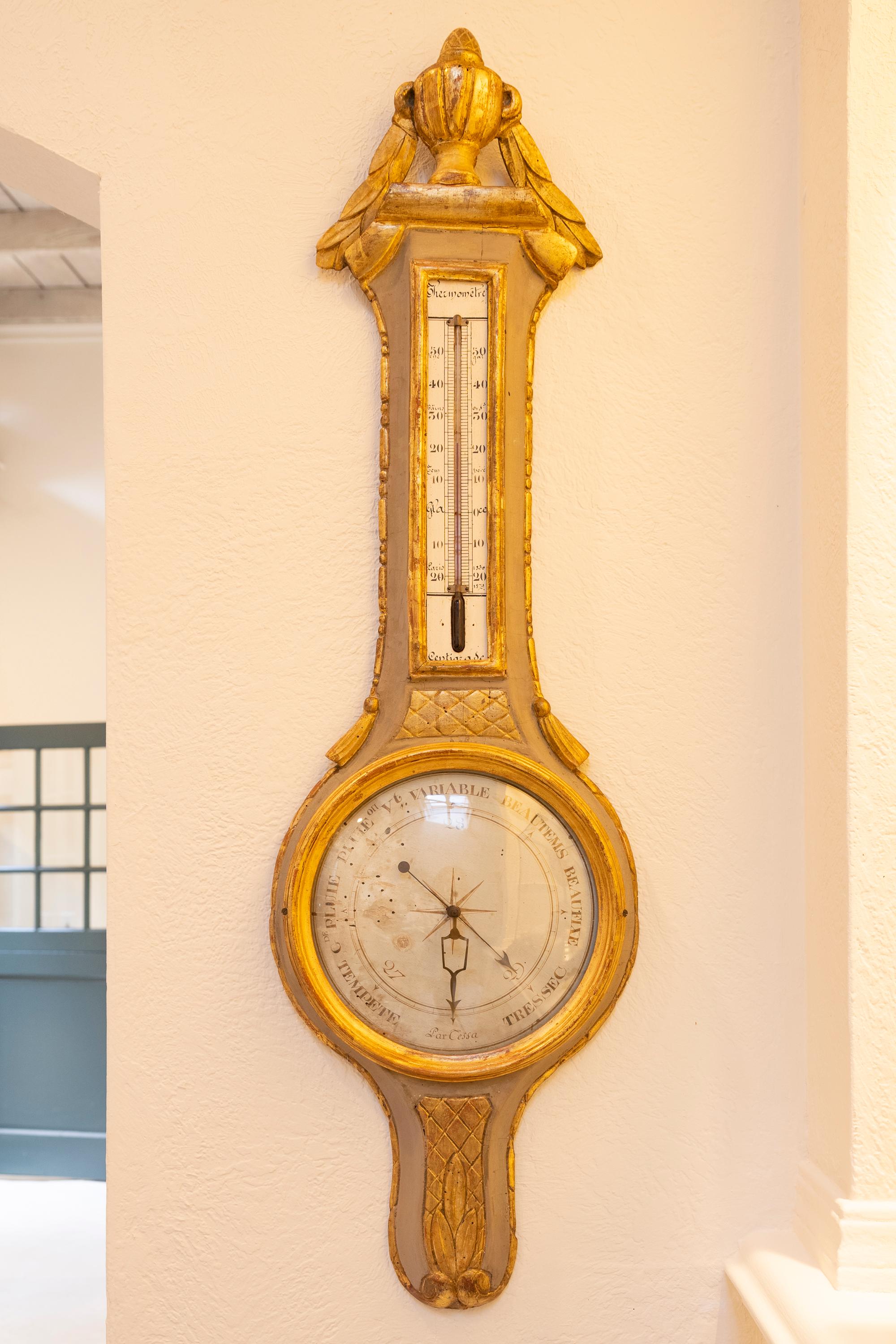 This beautifully carved Louis XVI barometer follows the designs of Evangelista Torricelli, an Italian physicist who was a student of Galileo and who is credited with inventing the first barometer. Acquired from a chateau in the Dordogne valley in