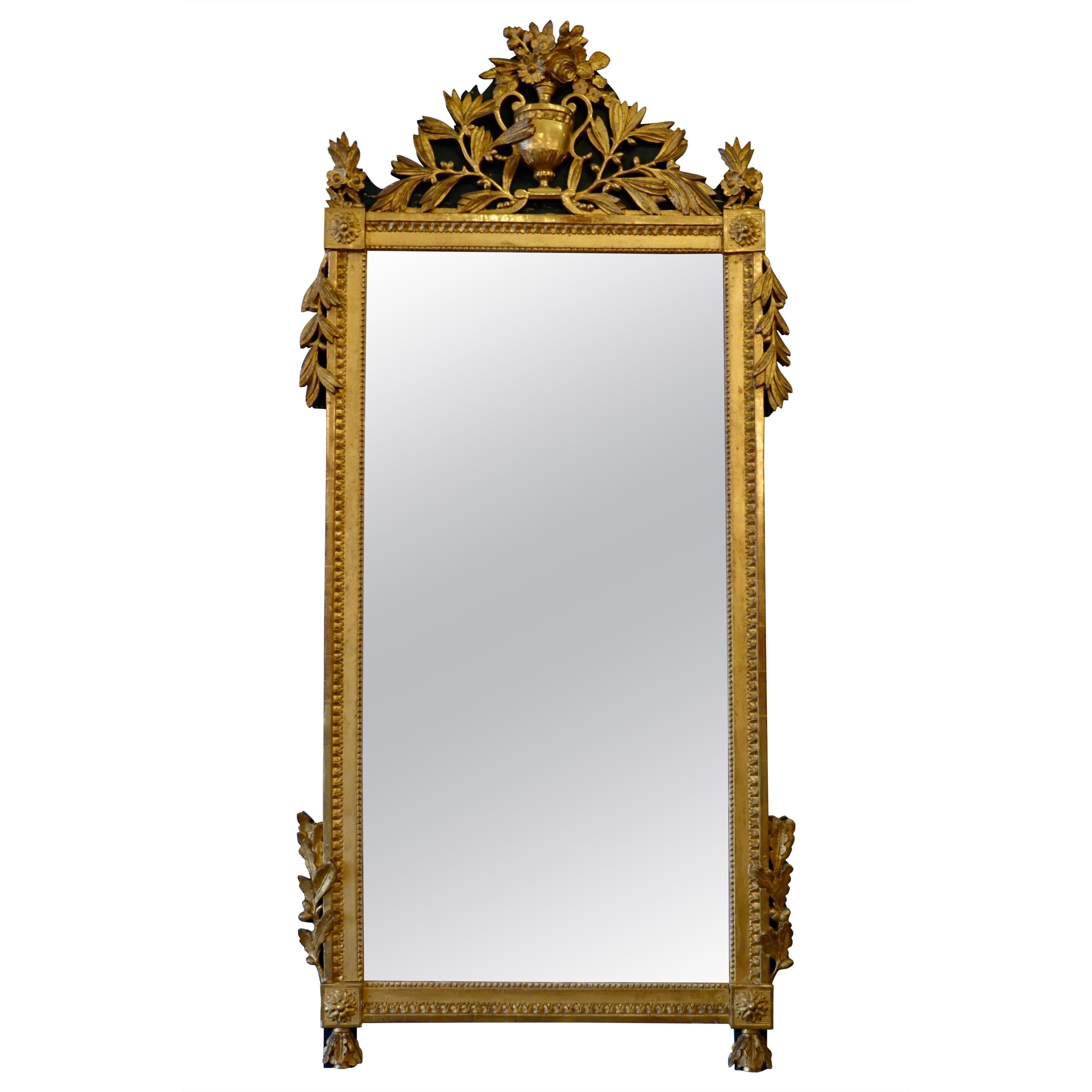 Louis XVI Period Giltwood Trumeau Mirror with Urn, Flowers and Laurel Leaves For Sale