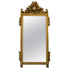 Antique Louis XVI Period Giltwood Trumeau Mirror with Urn, Flowers and Laurel Leaves