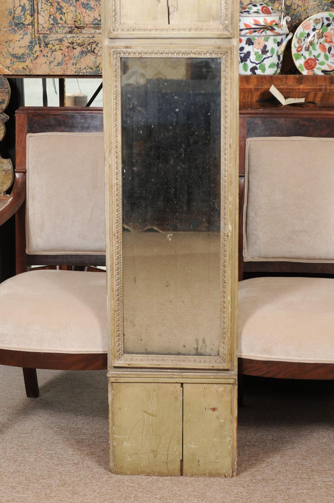 Louis XVI Period Green Painted Trumeau Mirror with Carved Trophic Panel, France In Good Condition For Sale In Atlanta, GA