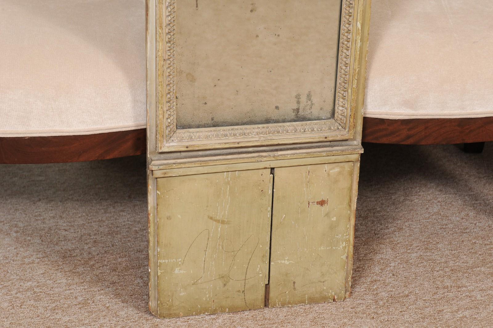 Louis XVI Period Green Painted Trumeau Mirror with Carved Trophic Panel, France For Sale 1