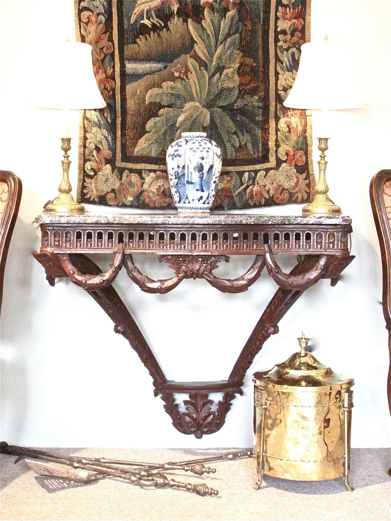 Hand-Carved Louis XVI Period Marble Topped French Neoclassical Console Table, 18th Century For Sale