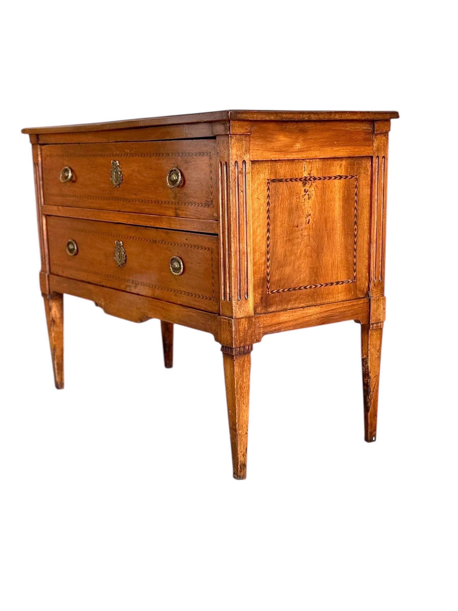 French Louis XVI Period Marquetry Inlaid Cherrywood Commode, Late 18th Century For Sale