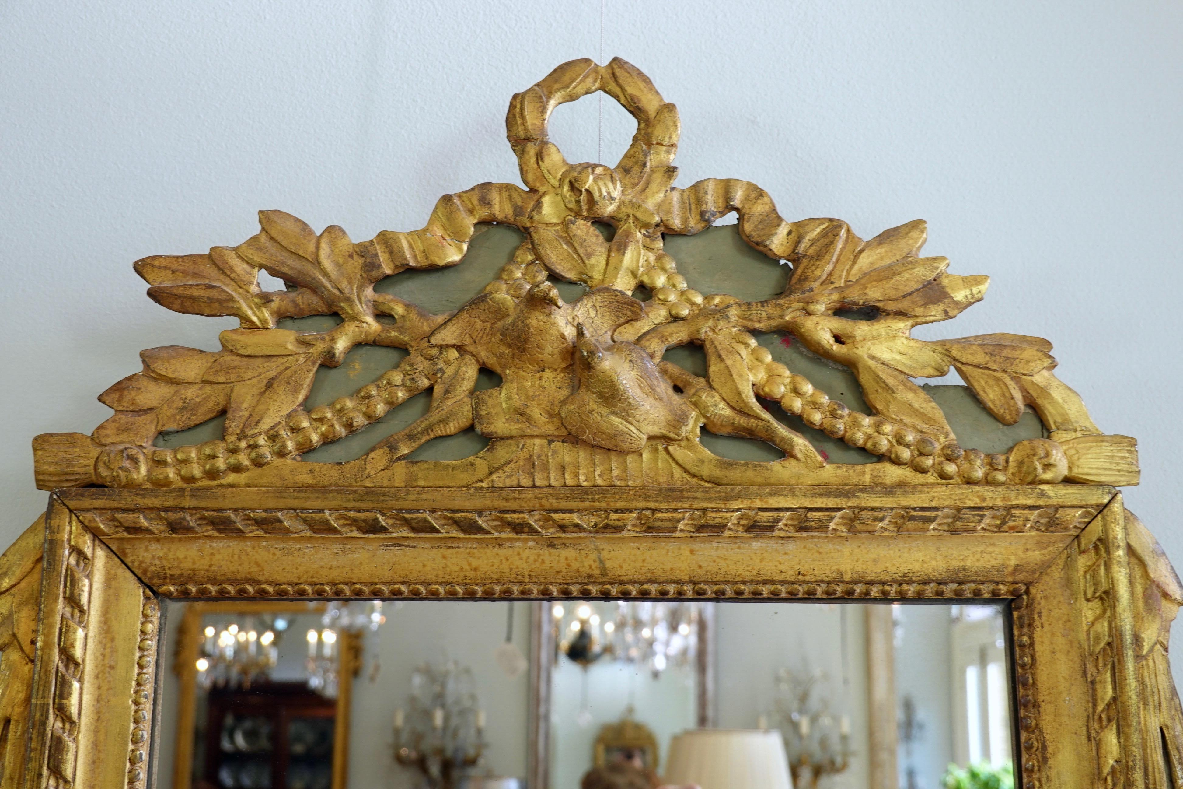 Painted Louis XVI Period Marriage Trumeau Mirror with Birds For Sale