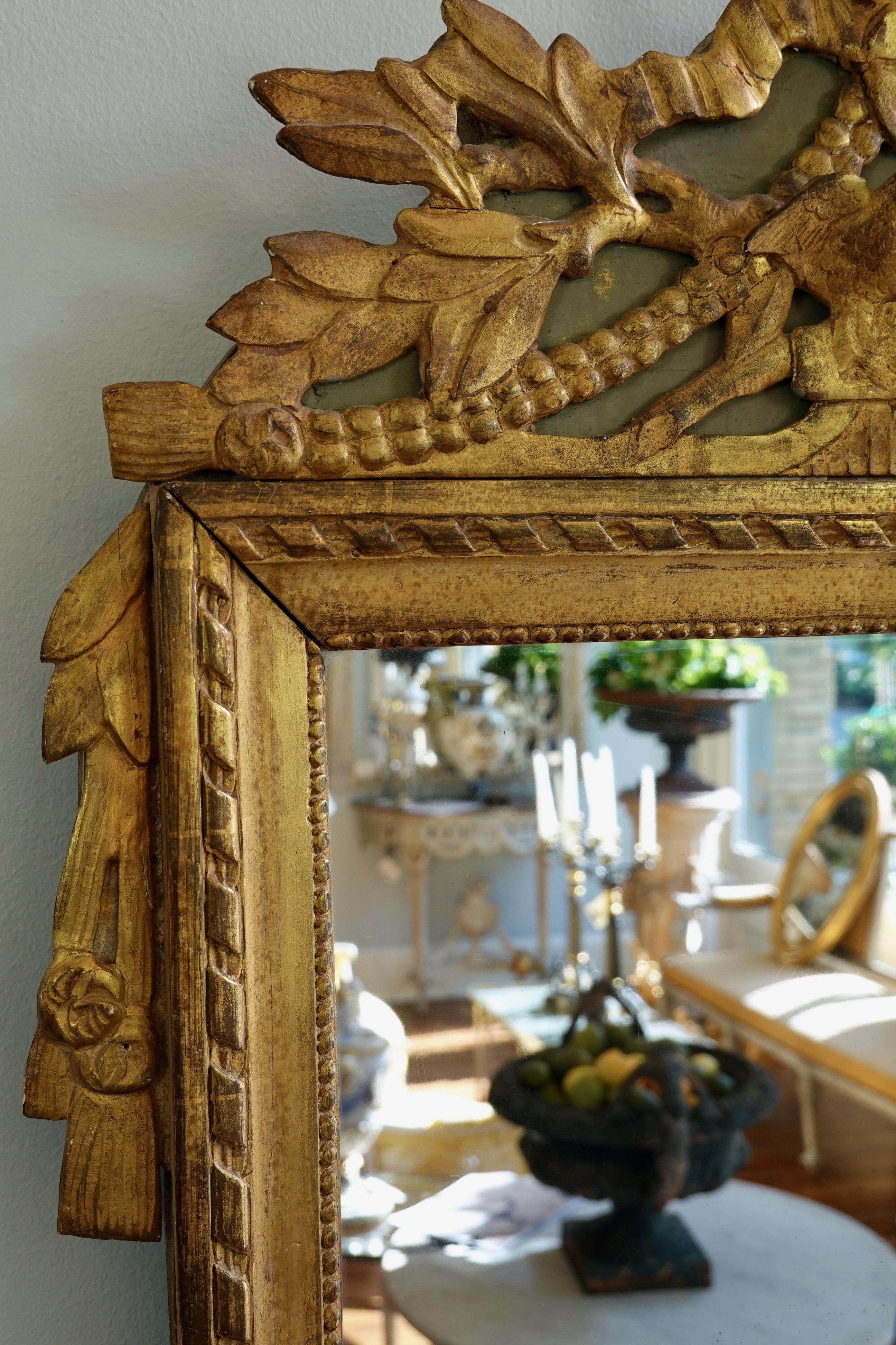 Wood Louis XVI Period Marriage Trumeau Mirror with Birds For Sale