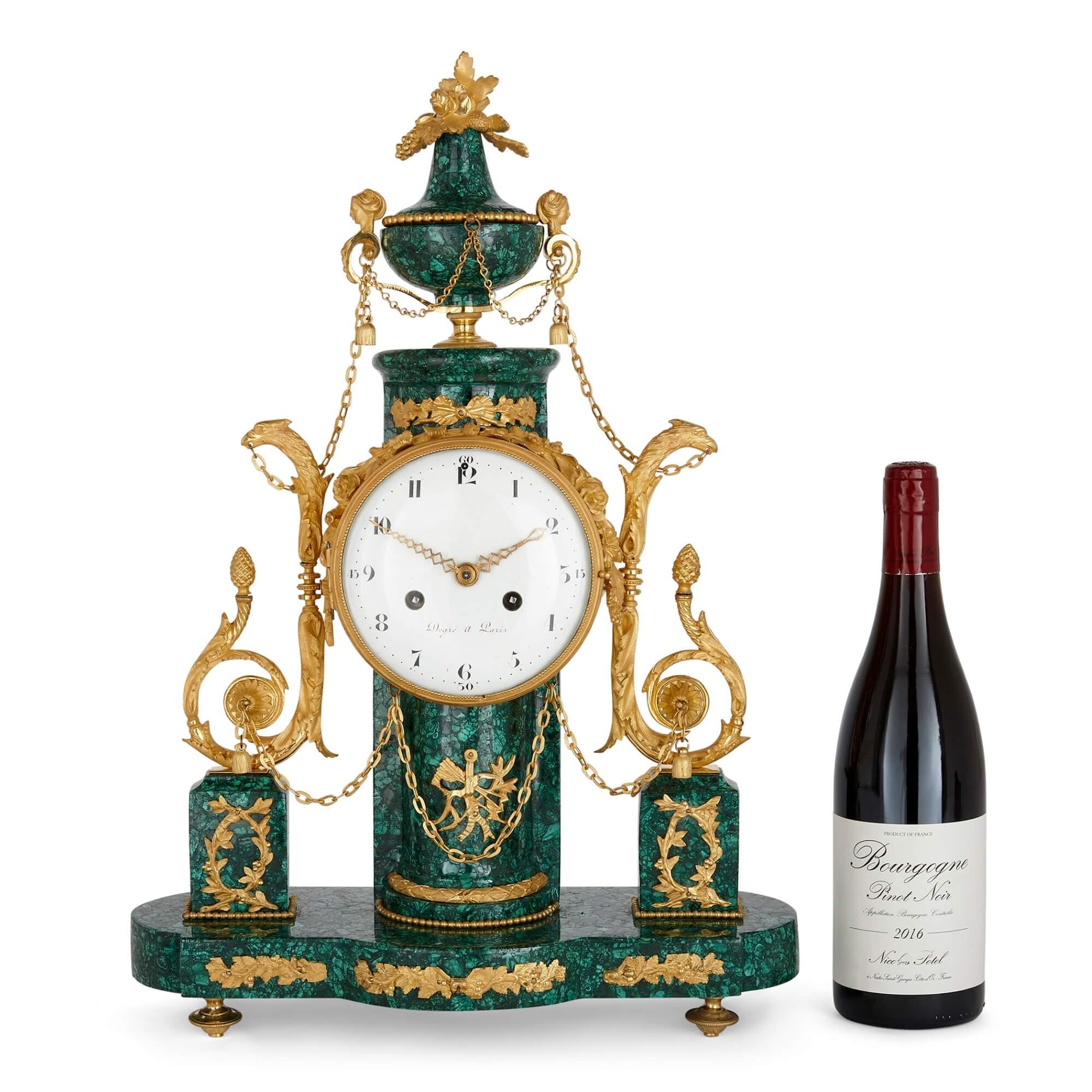 Louis XVI Period Neoclassical Ormolu and Malachite Mantel Clock For Sale 2