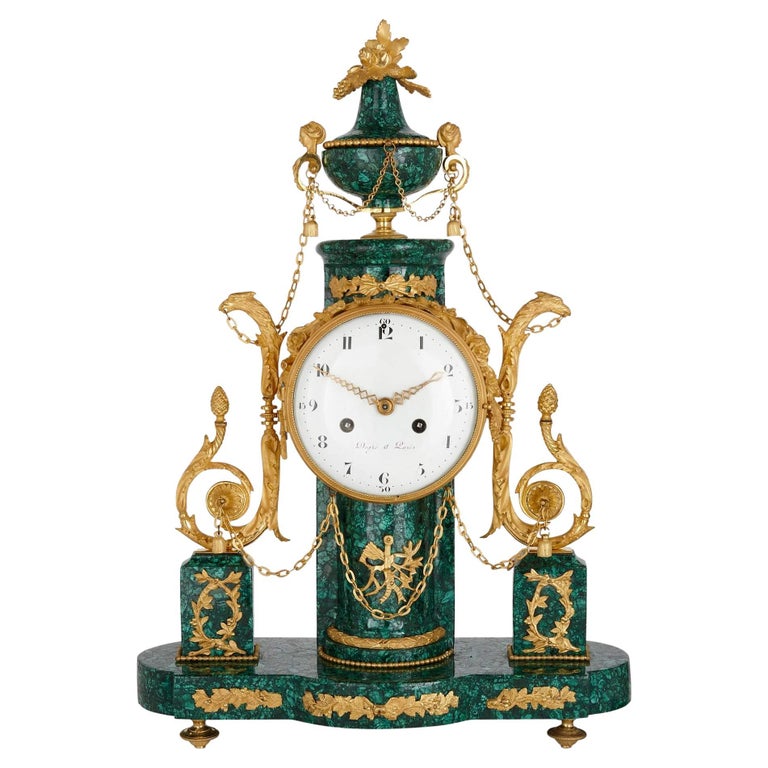 Louis XVI Period Neoclassical Ormolu and Malachite Mantel Clock For Sale