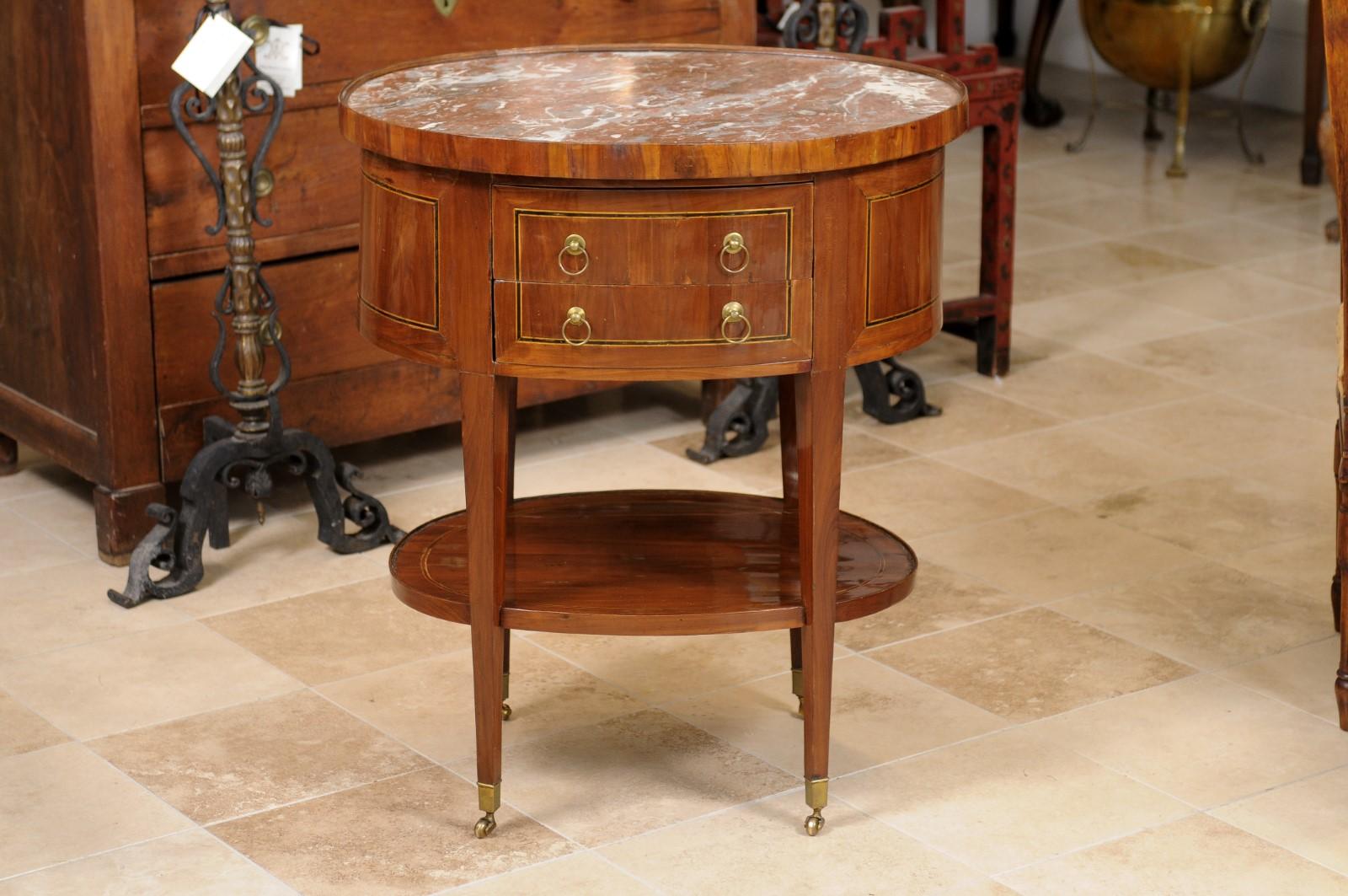 Marbre Chiffonnière ovale d'époque Louis XVI en bois fruitier et buis avec plateau en marbre rouge en vente