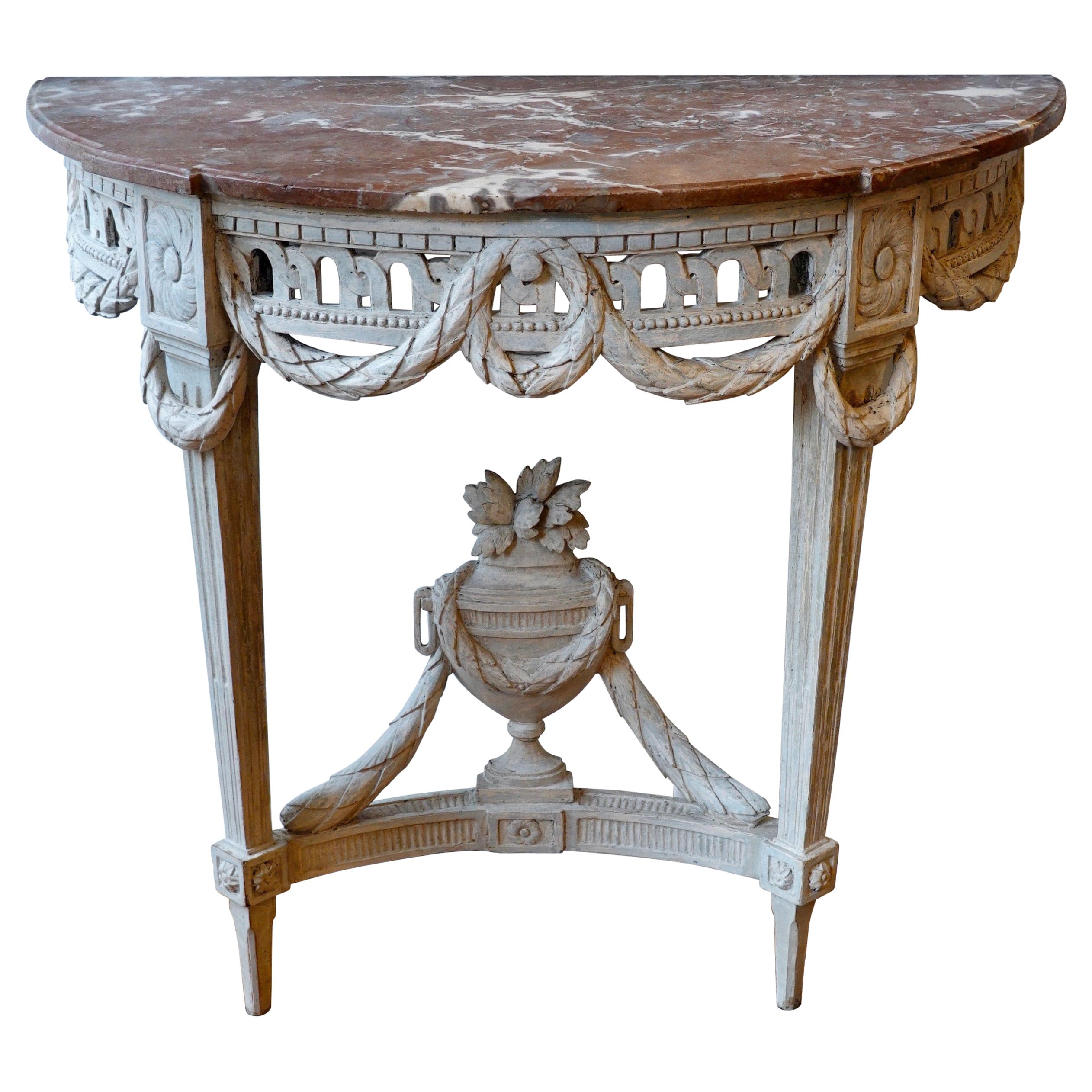 Table console peinte d'époque Louis XVI avec plateau en marbre bigarré en vente