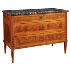 Louis XVI Period Parquetry Inlaid Walnut Commode with Gray Marble Top, ca. 1790