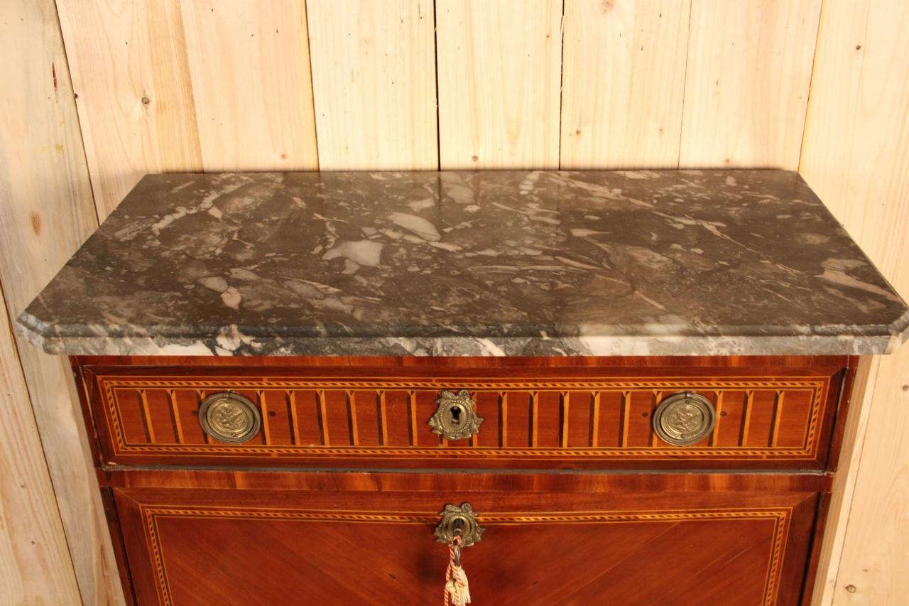 Louis XVI period secretary in marquetry, very good condition, gray Saint Anne marble has a secret drawer.