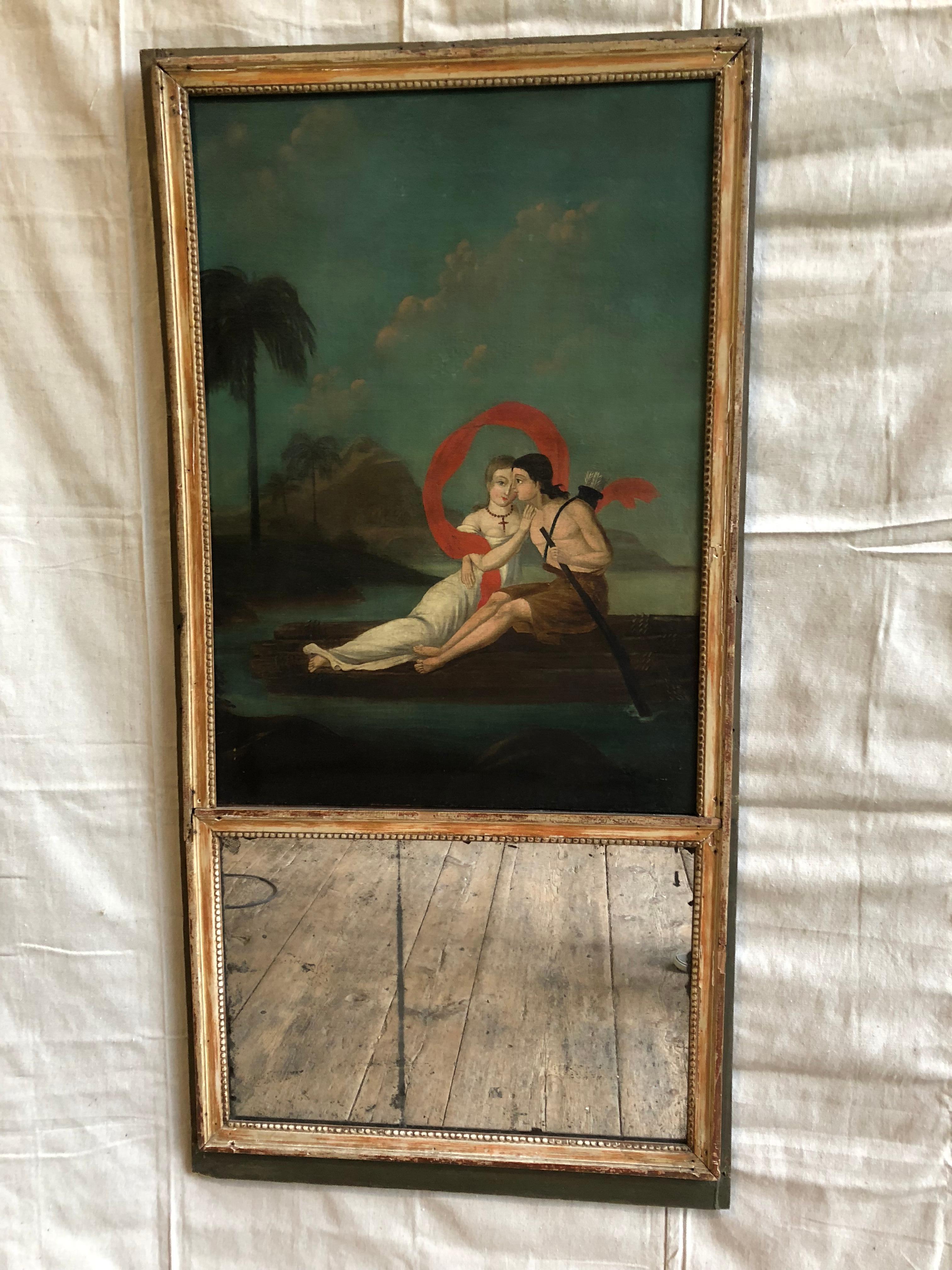 A charming French Trumeau mirror with painted panel above, depicting an allegory of the conversion of American natives to Christianity. The painting shows a Christian woman and a native man in a loving repose on a raft in a tropical setting. The