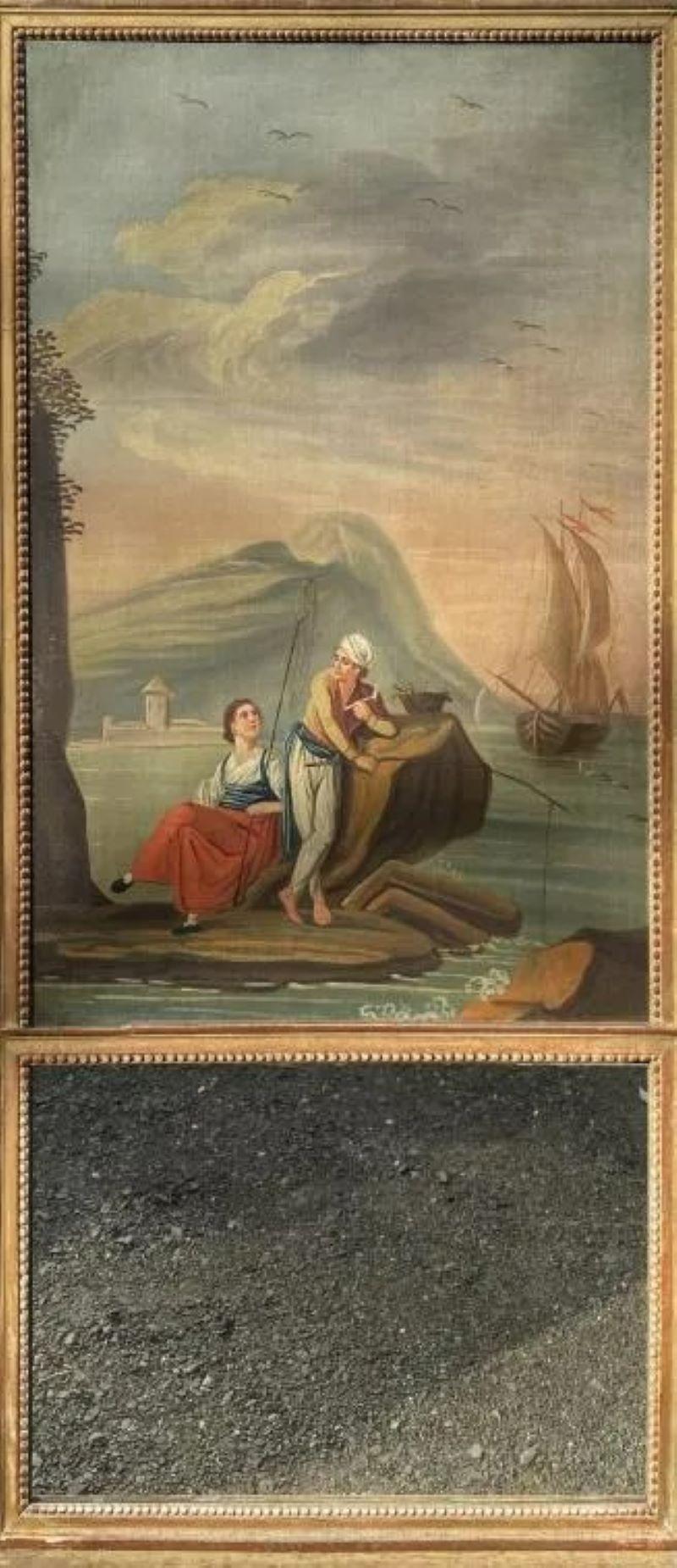 A Louis XVI period trumeau mirror with painted scene of a sailor and woman in a port with ships in the background, circa 1790.