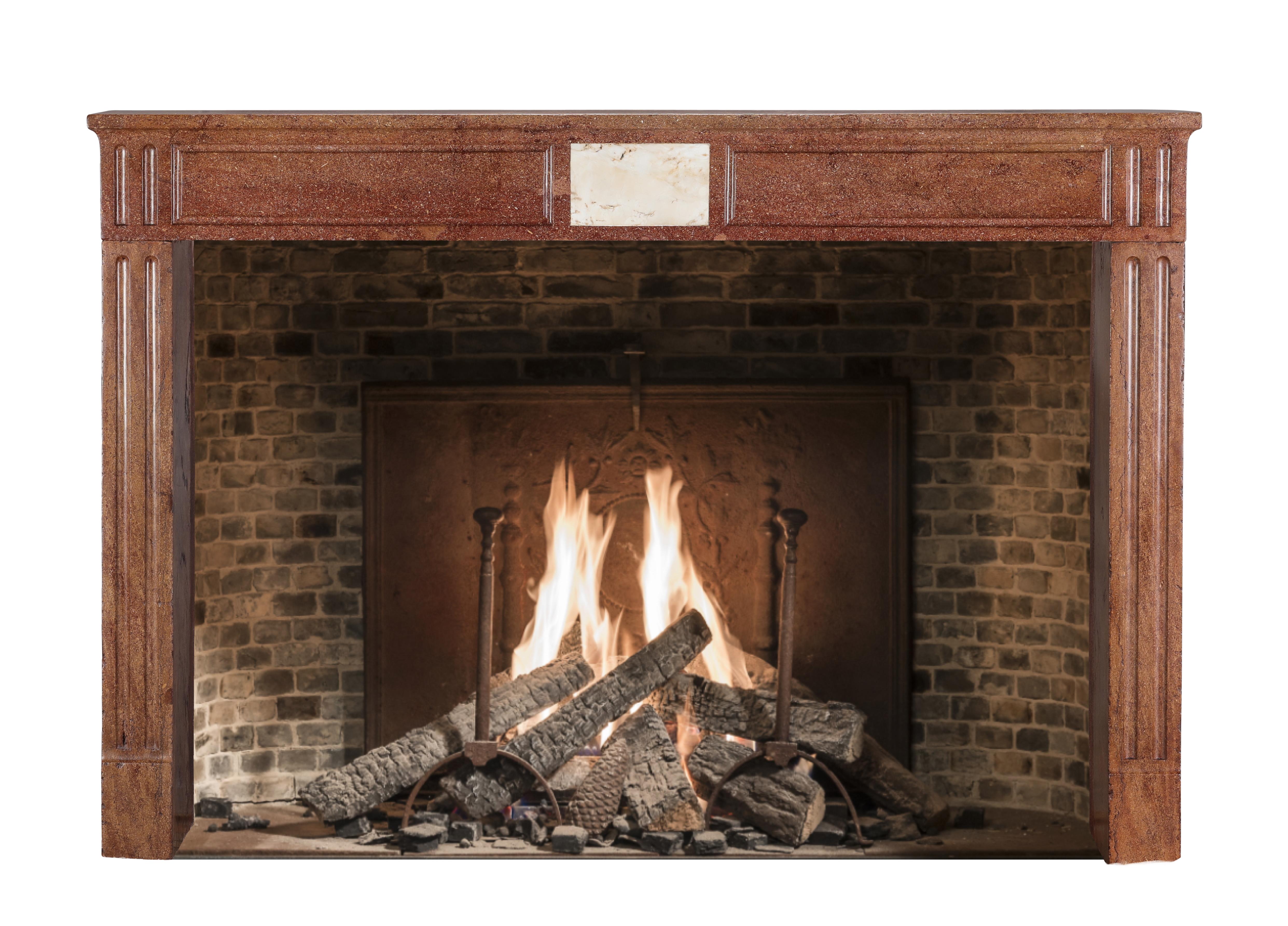 Hand-Carved Louis XVI Red Stone Fireplace - Traditional Chic Study - Antique Fireplace For Sale