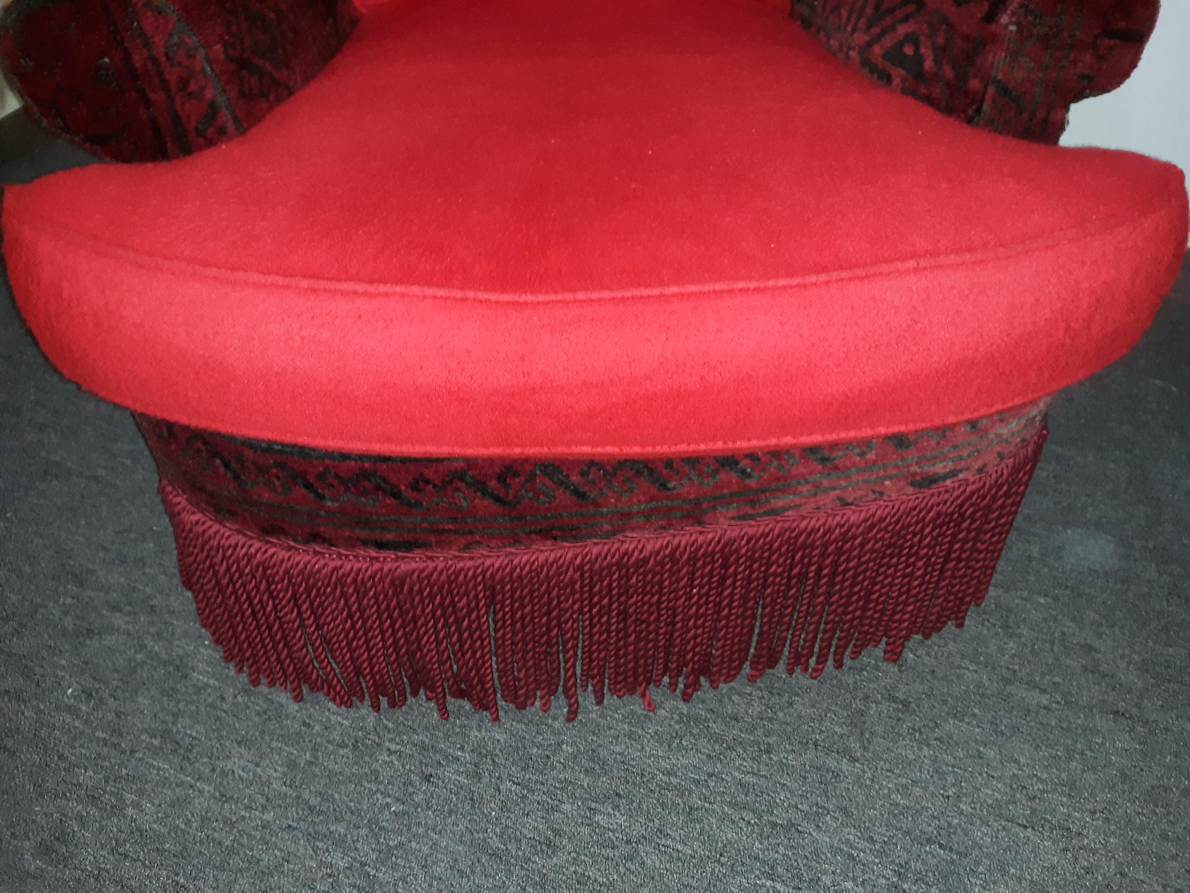 French Louis XVI Reupholstered Indian Motif Velvet with Red Felt Like Pillows 2 Avail. For Sale