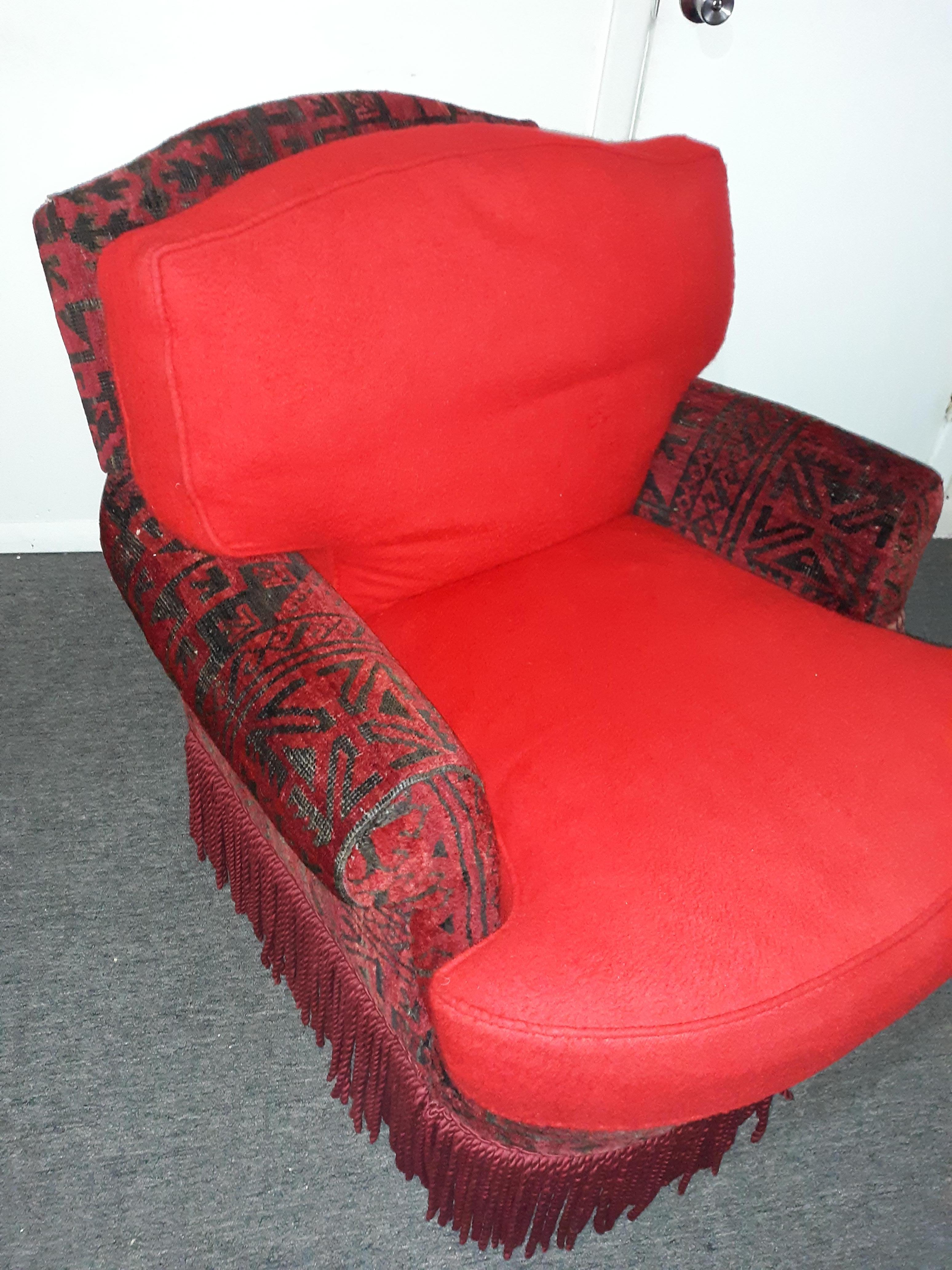 Marquetry Louis XVI Reupholstered Indian Motif Velvet with Red Felt Like Pillows 2 Avail. For Sale