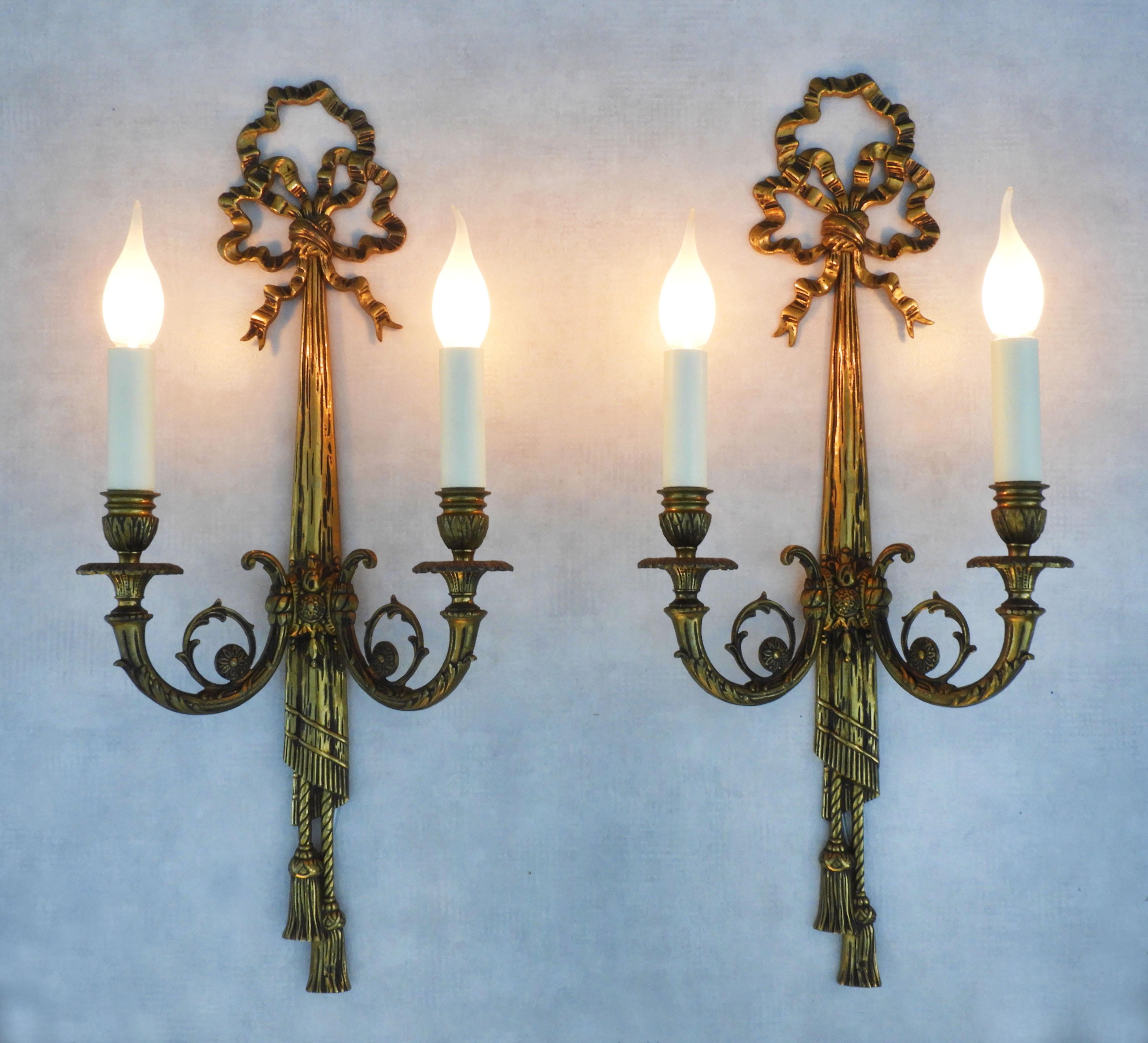 French Louis XVI Revival Bow and Tassel Wall Light Sconces, circa 1950s, France