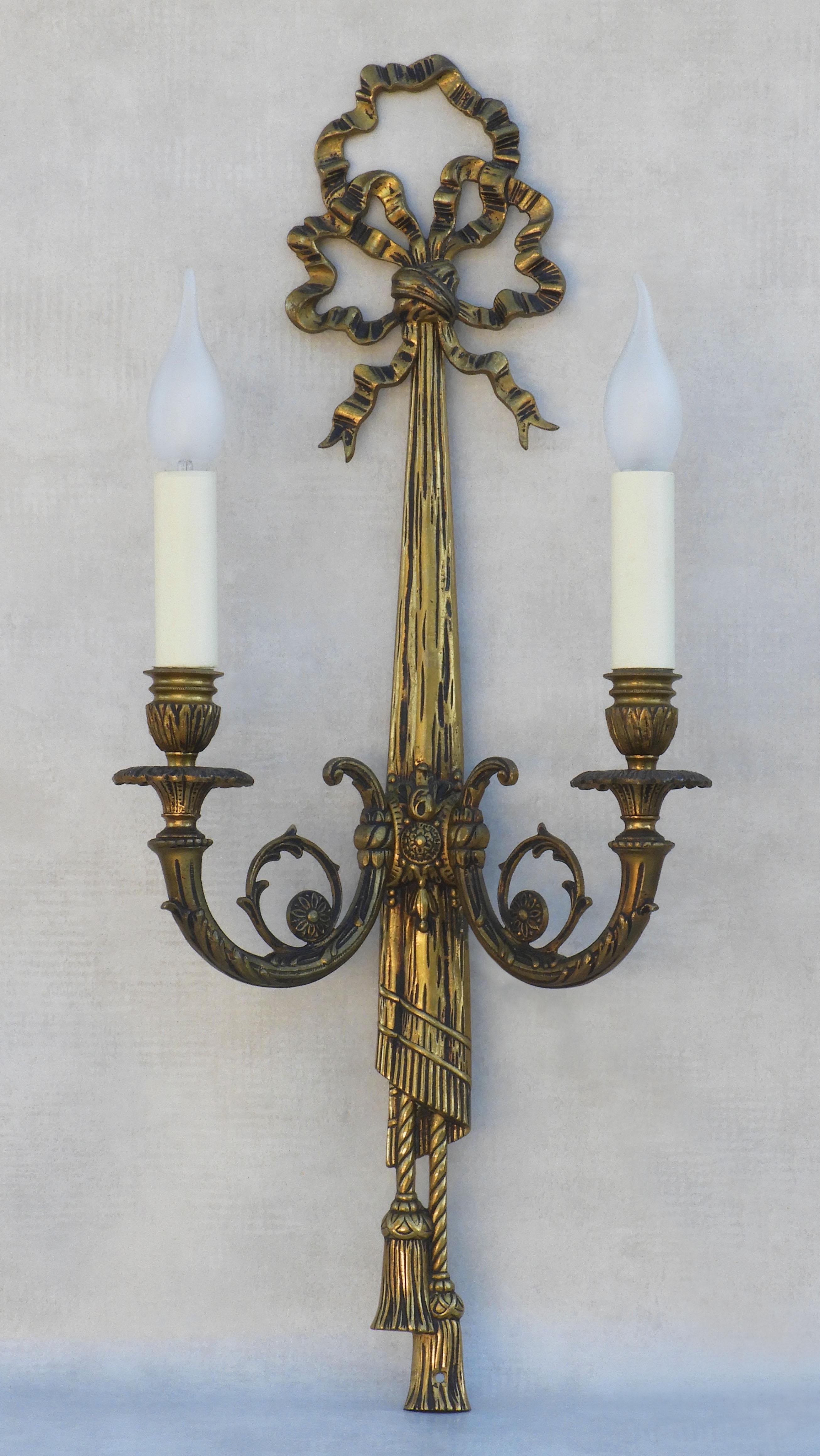 Gilt Louis XVI Revival Bow and Tassel Wall Light Sconces, circa 1950s, France