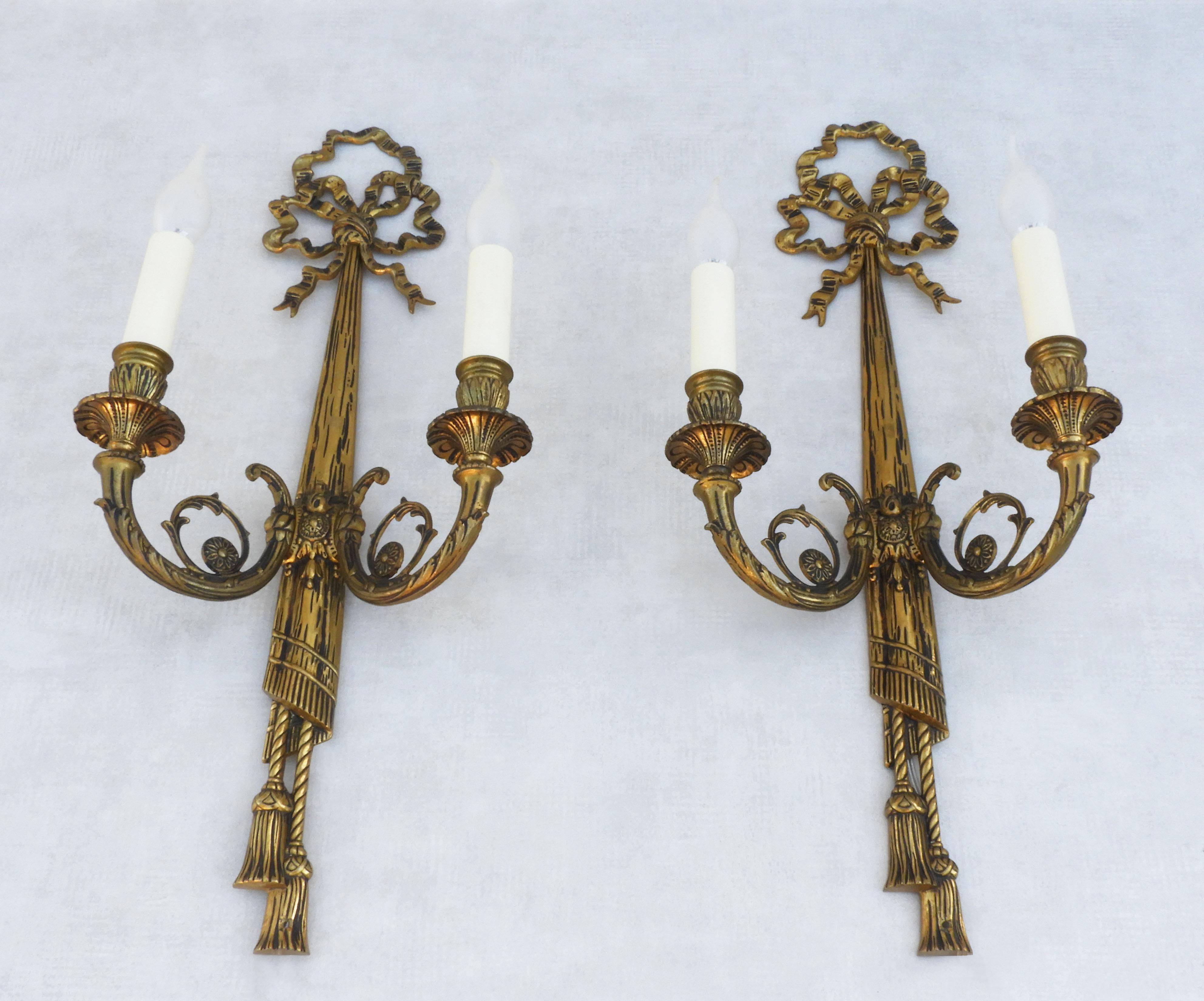 20th Century Louis XVI Revival Bow and Tassel Wall Light Sconces, circa 1950s, France