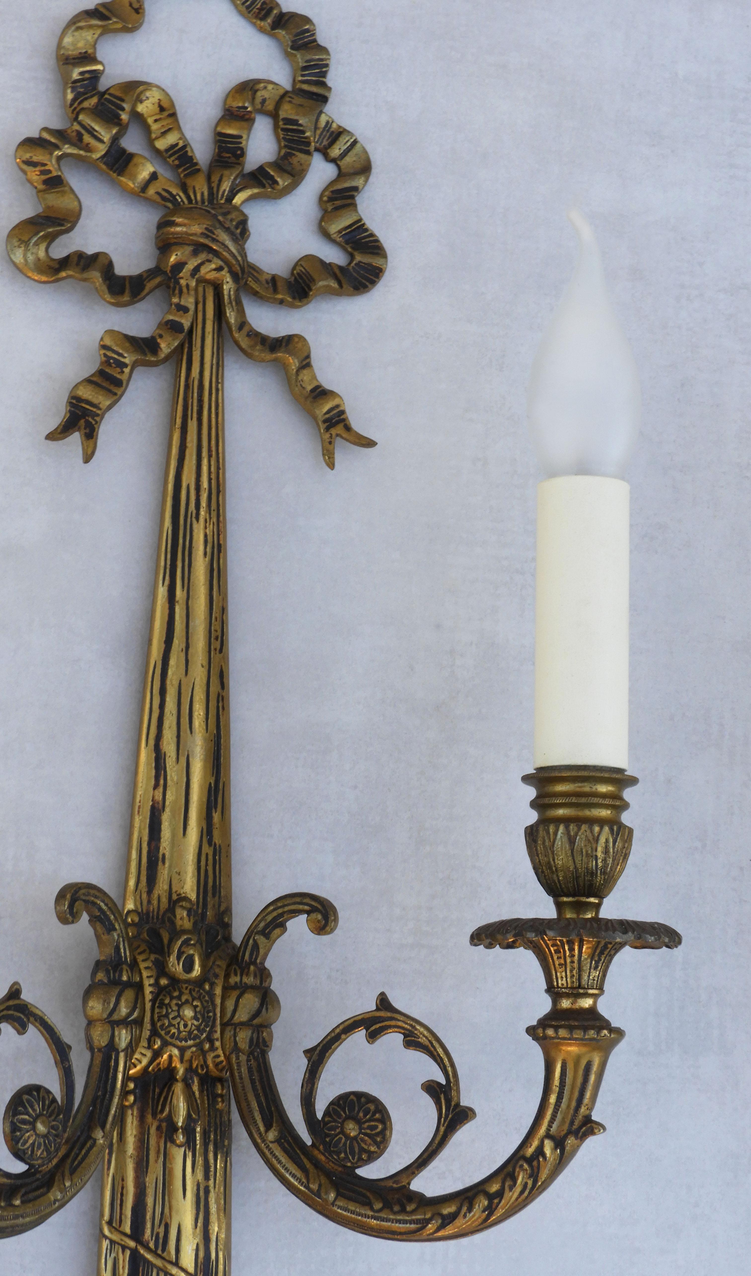 Bronze Louis XVI Revival Bow and Tassel Wall Light Sconces, circa 1950s, France