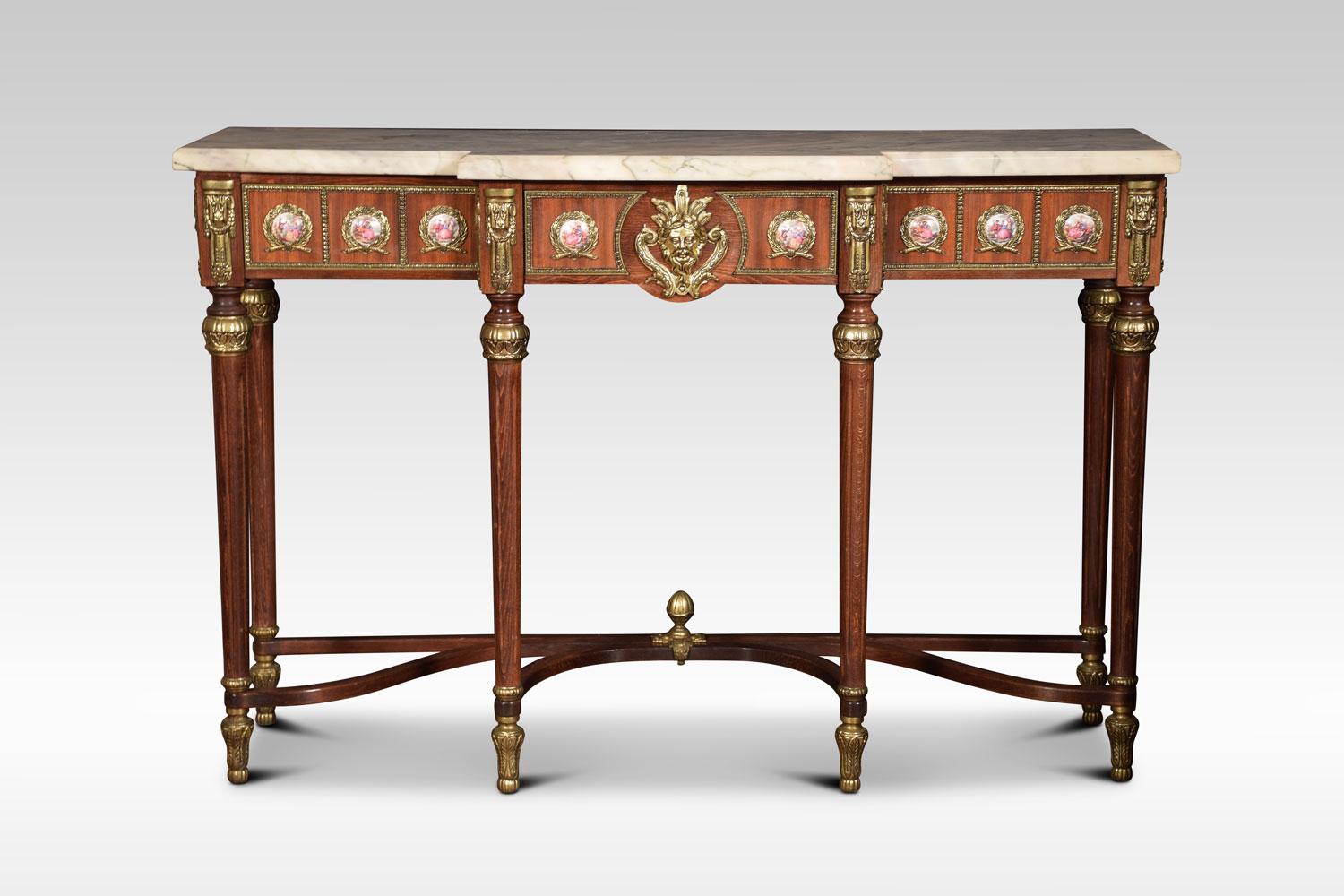 Louis XVI revival console table and mirror, the breakfront console table with marble top to the freeze having gilt metal mounts, and enamel plaques decorated with scenes of courting couples, raised up on fluted tapering supports united by serpentine