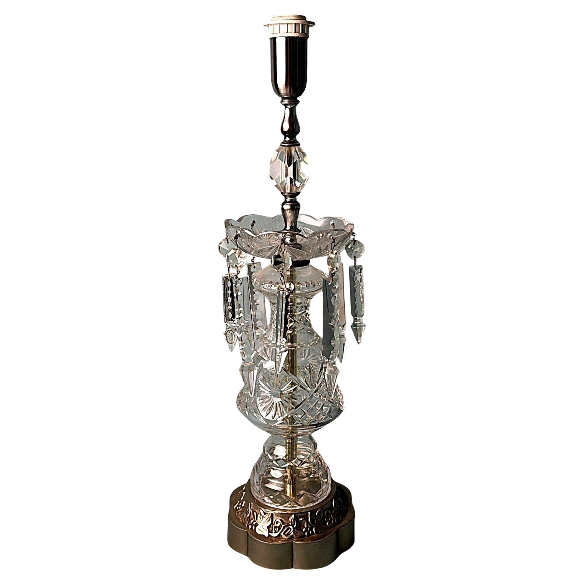 Lampada da tavolo francese Luigi XVI Revival con cristalli e base decorativa (senza paralume)