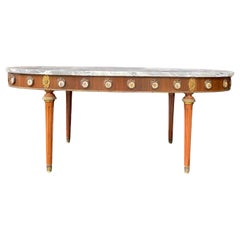 Vintage Louis XVI Revival Marble Limoge Porcelain Adorned Ormolu Oval Coffee Table MCM