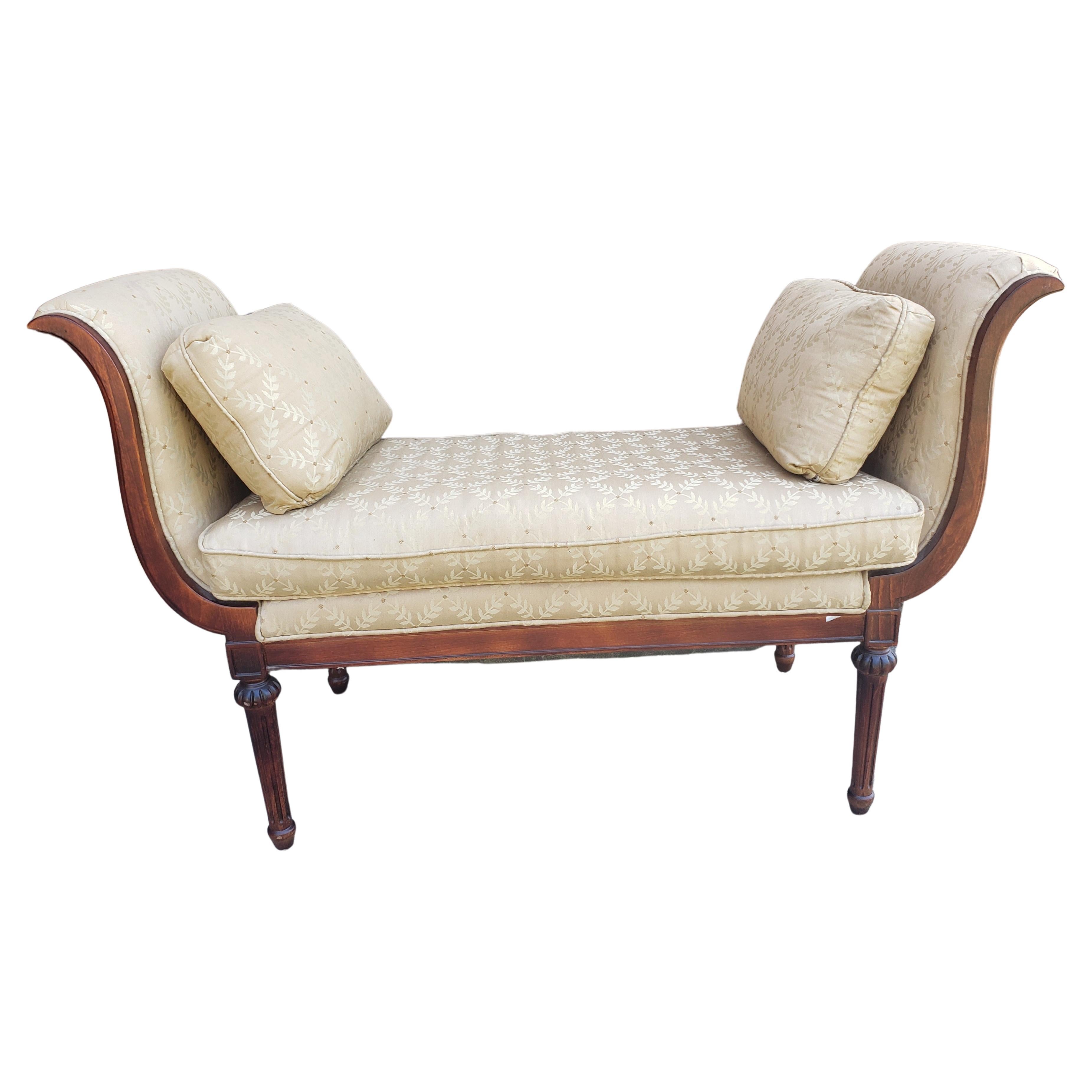 American Louis XVI Scroll Arms Mahogany and Upholstered Bench with Pillows