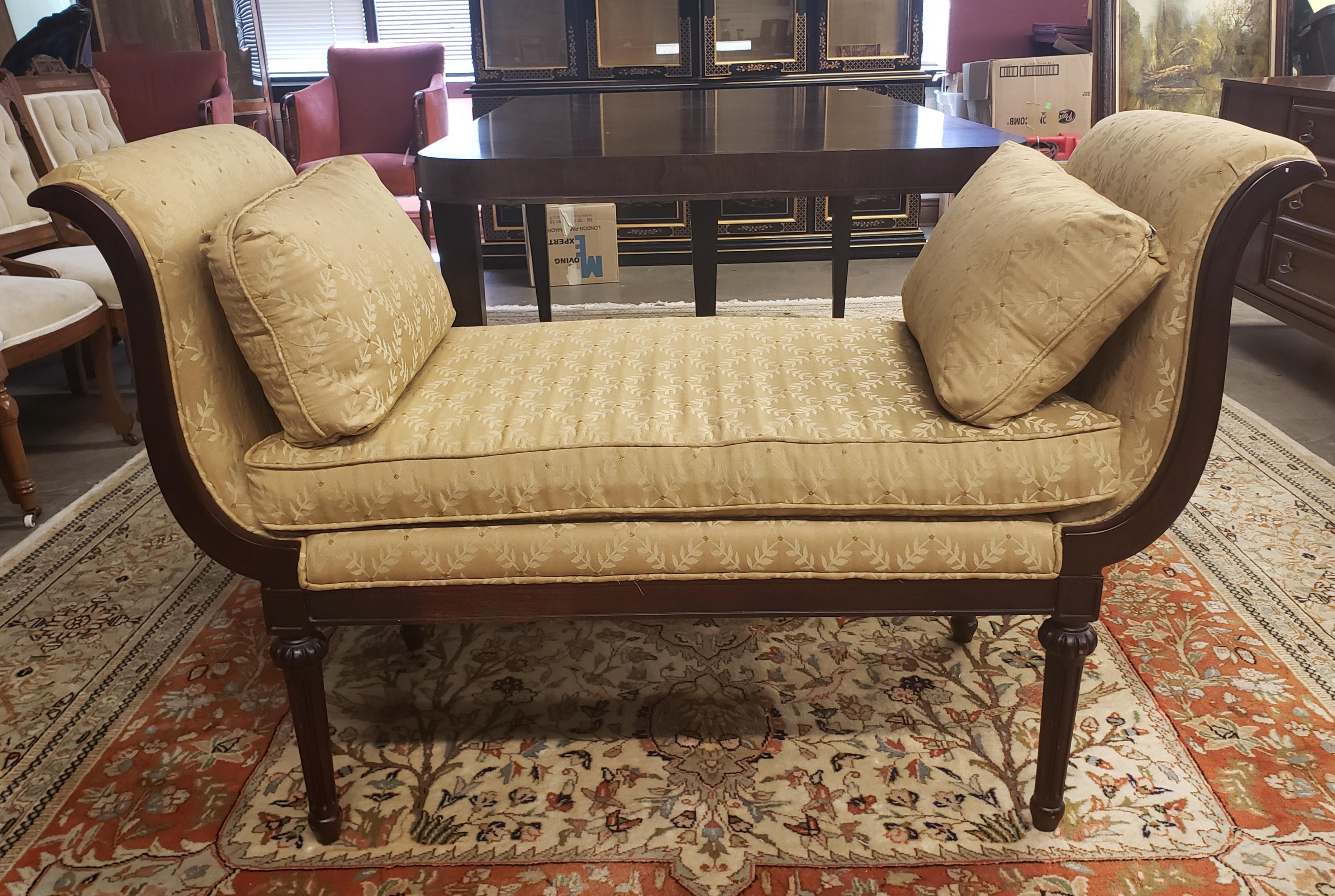 20th Century Louis XVI Scroll Arms Mahogany and Upholstered Bench with Pillows