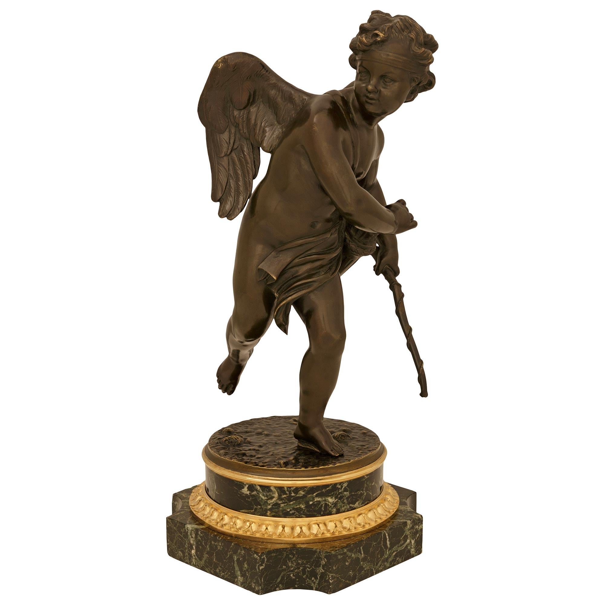 French Louis XVI st. patinated Bronze, Ormolu and Vert Antique marble statue For Sale