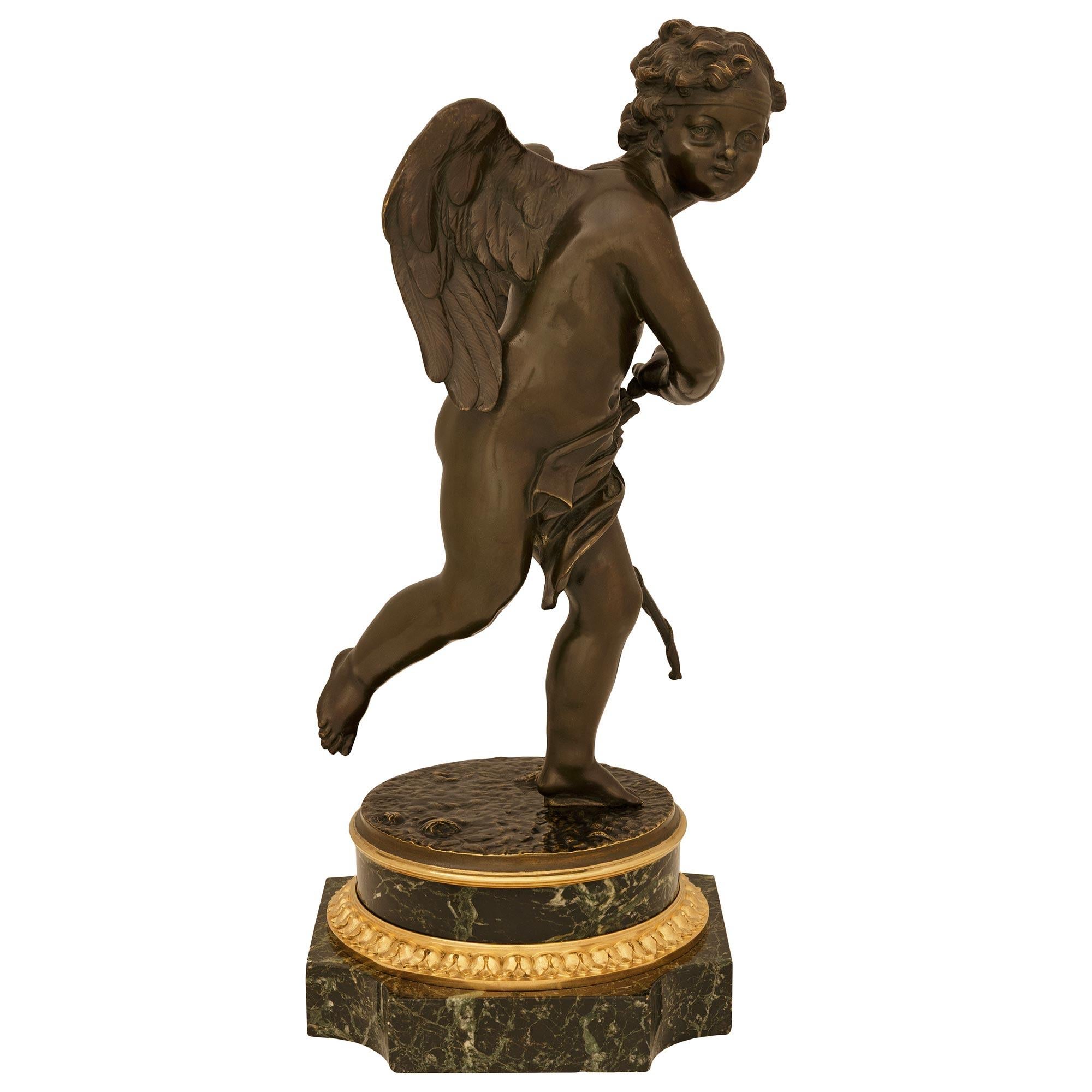 Patinated Louis XVI st. patinated Bronze, Ormolu and Vert Antique marble statue For Sale