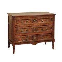 Louis XVI Style 1850s French Walnut Three-Drawer Commode with Carved Medallions