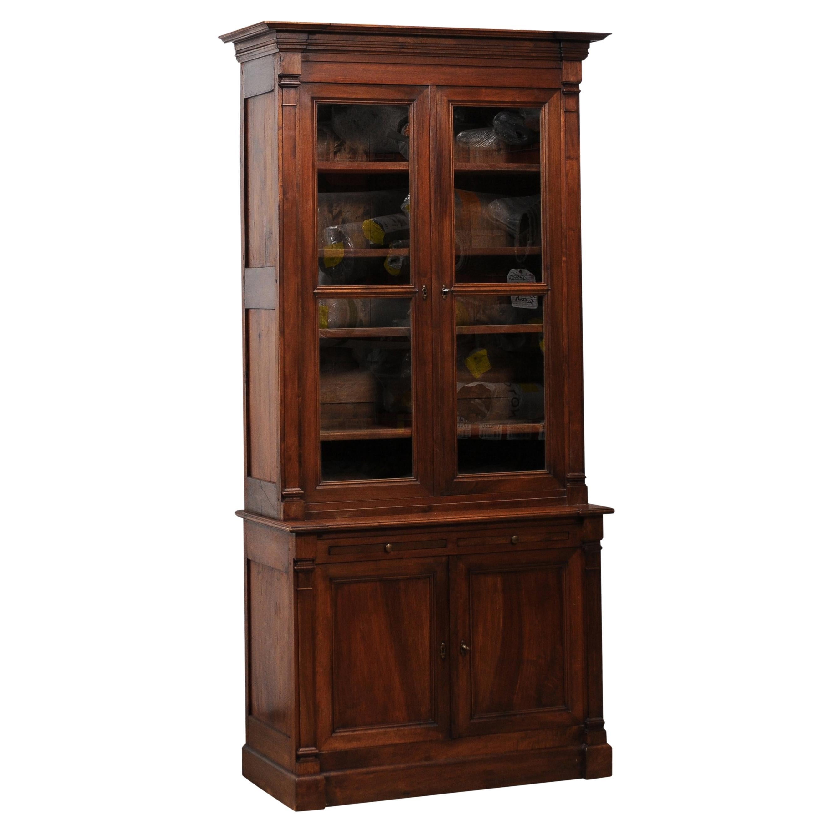 Louis XVI Style 1890s French Bookcase with Glass Doors and Pull Out Drawers For Sale