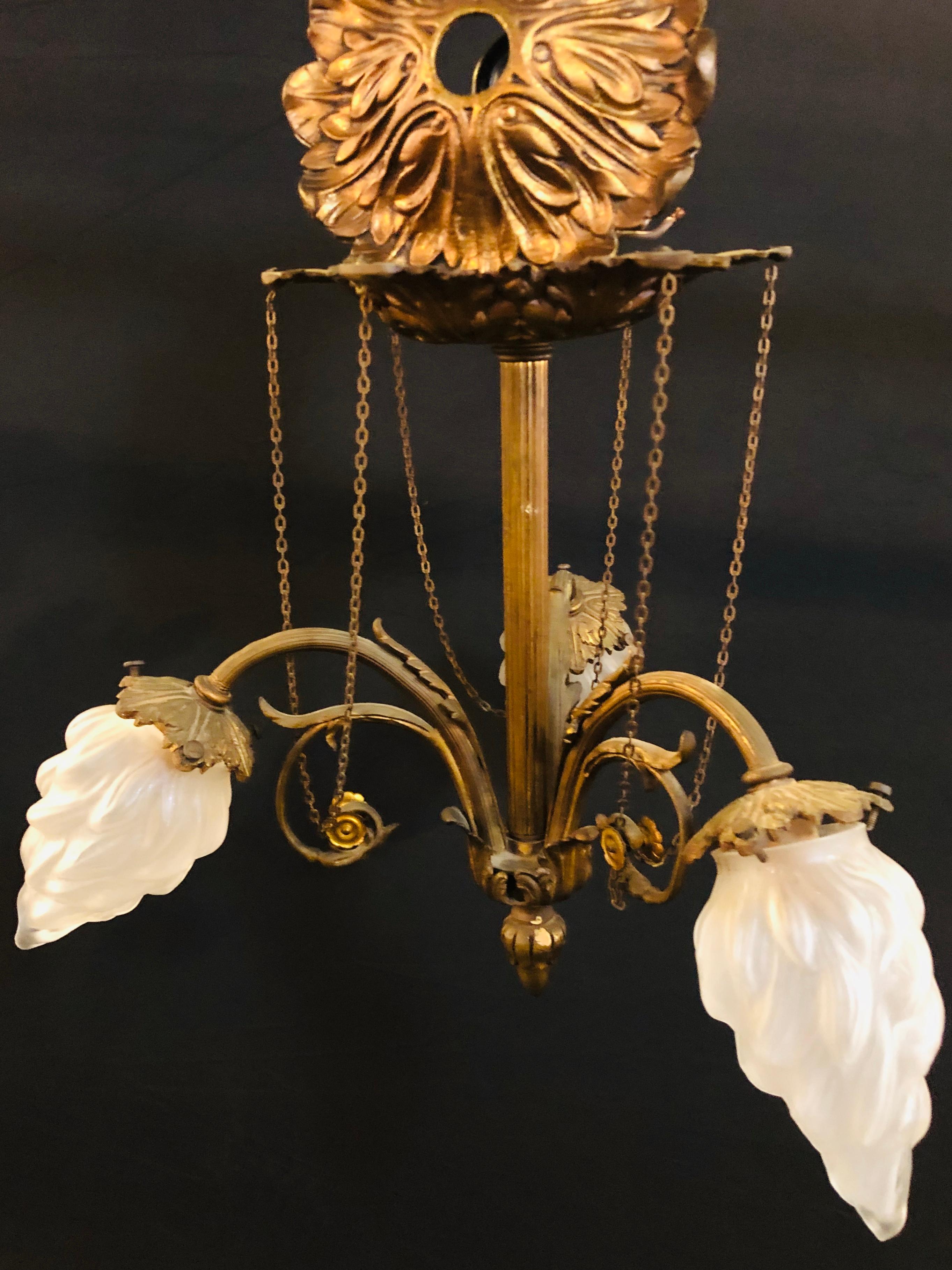 French Louis XVI Style 1920s Bronze Hall or Bathroom Light Having Lalique Style Globes