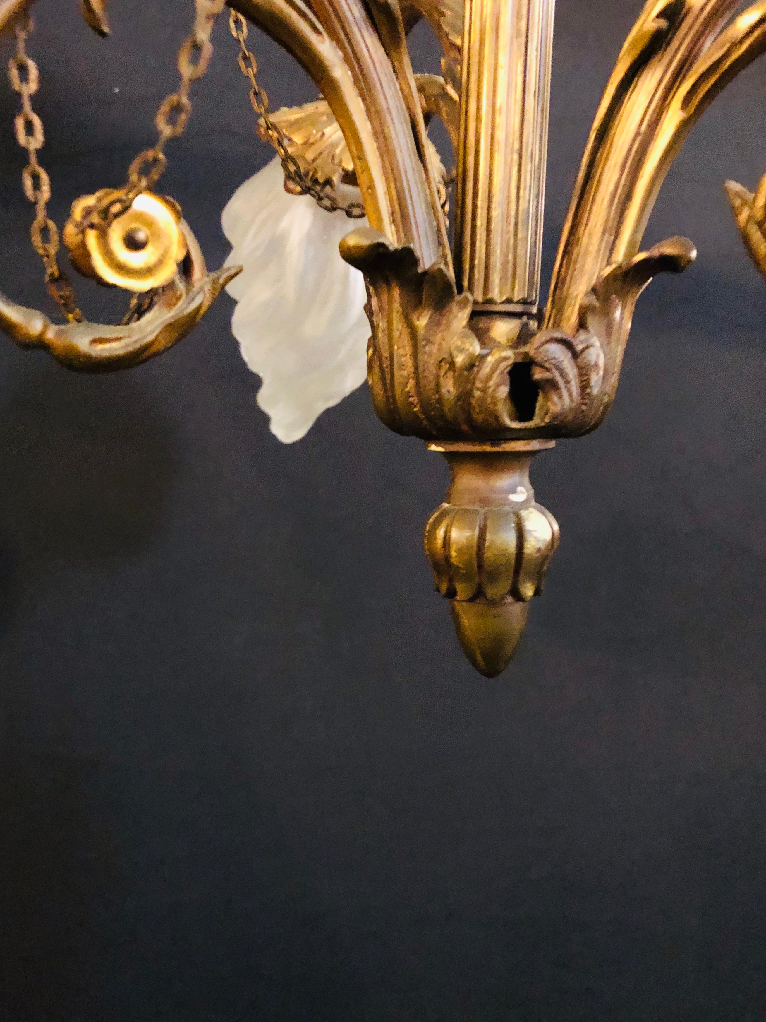 Louis XVI Style 1920s Bronze Hall or Bathroom Light Having Lalique Style Globes In Good Condition In Plainview, NY