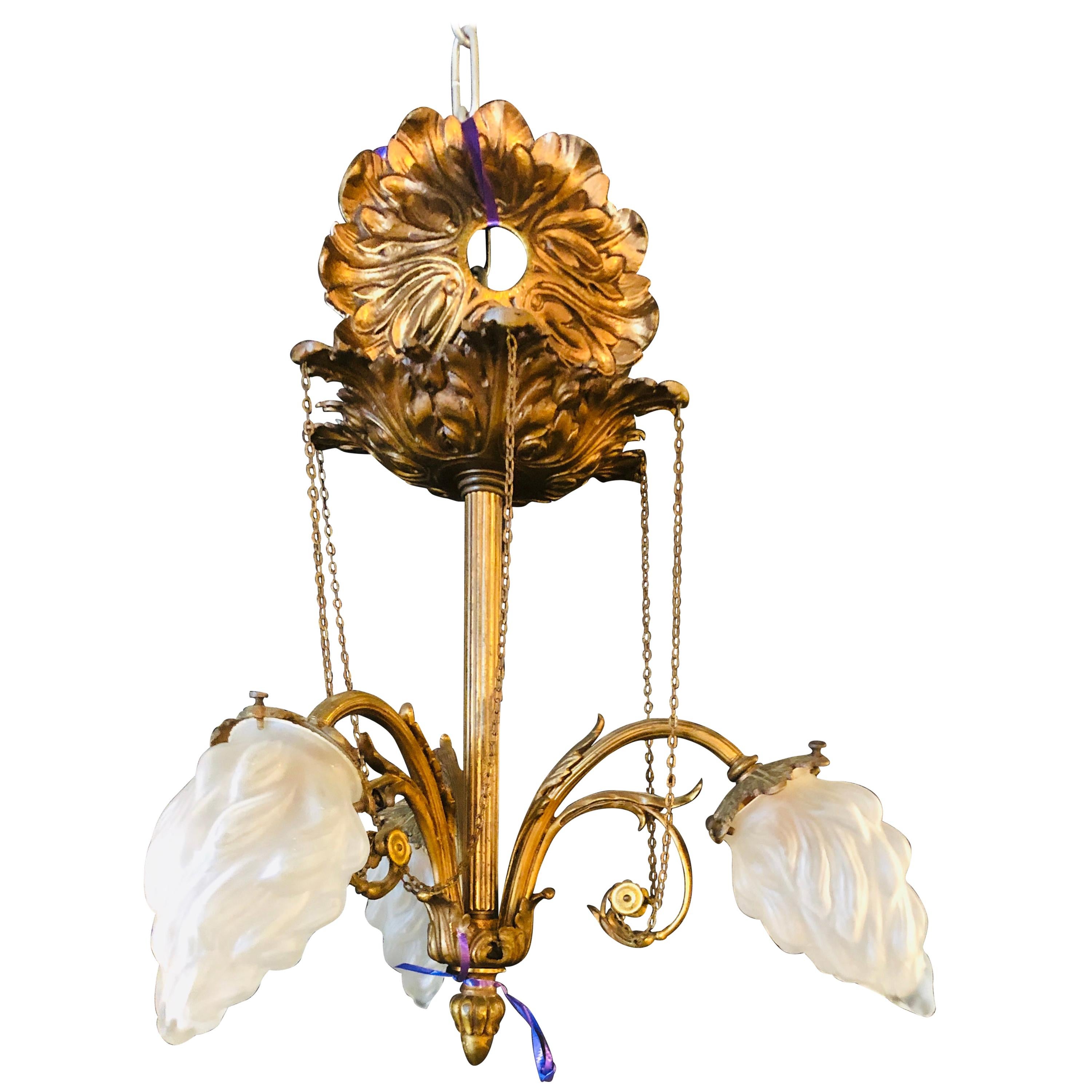 Louis XVI Style 1920s Bronze Hall or Bathroom Light Having Lalique Style Globes