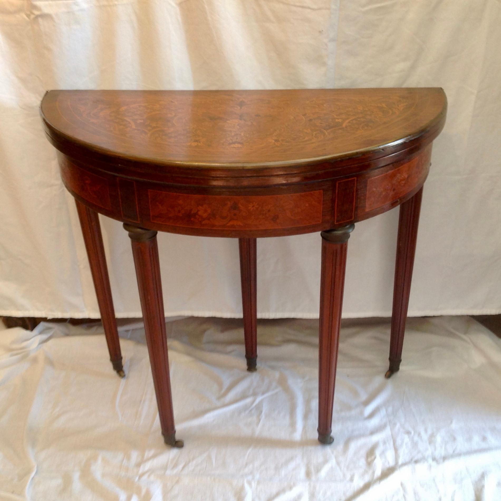 Louis XVI Style 19th Century Marquetry Demilune Flip Top Game Table In Good Condition In West Palm Beach, FL
