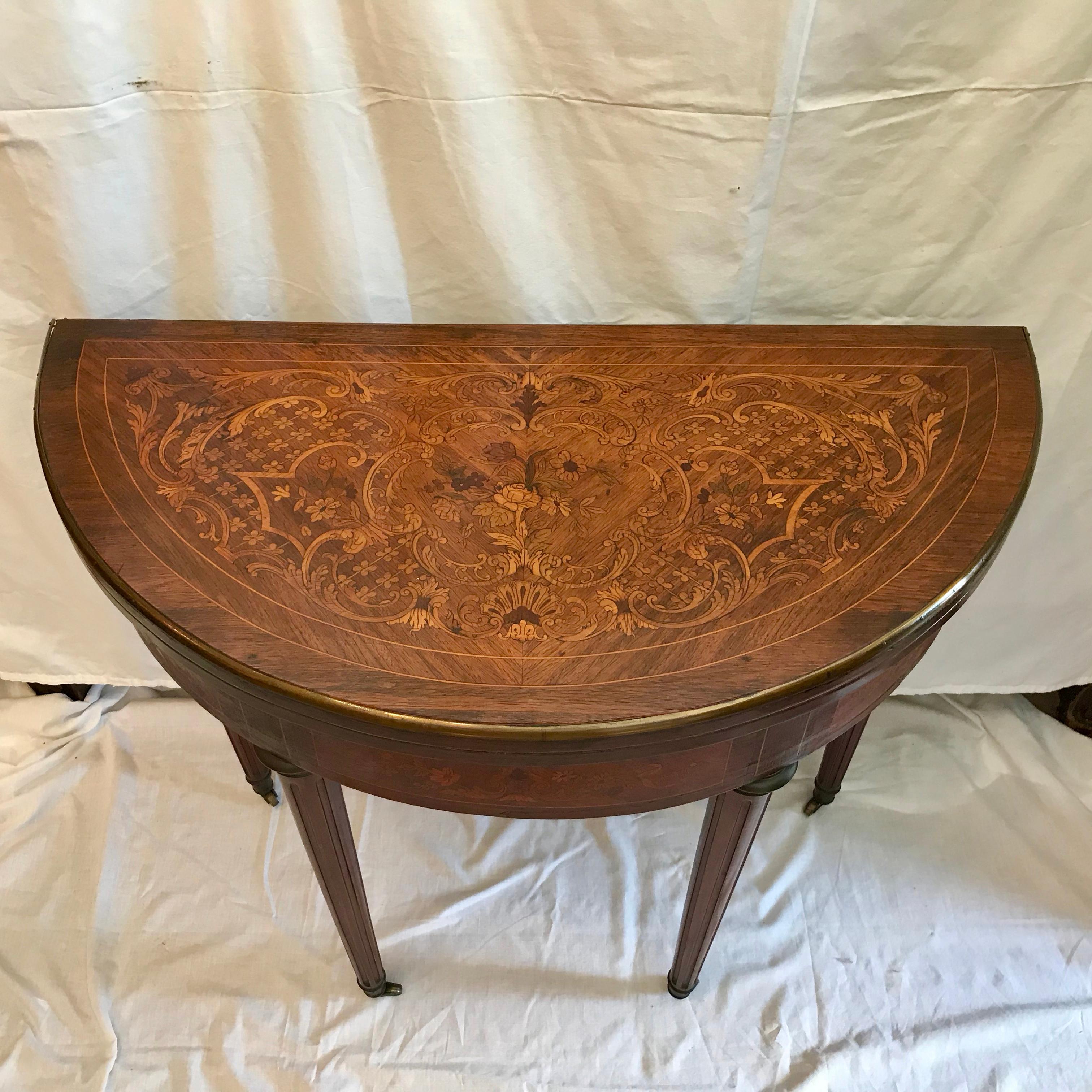 Louis XVI Style 19th Century Marquetry Demilune Flip Top Game Table 1