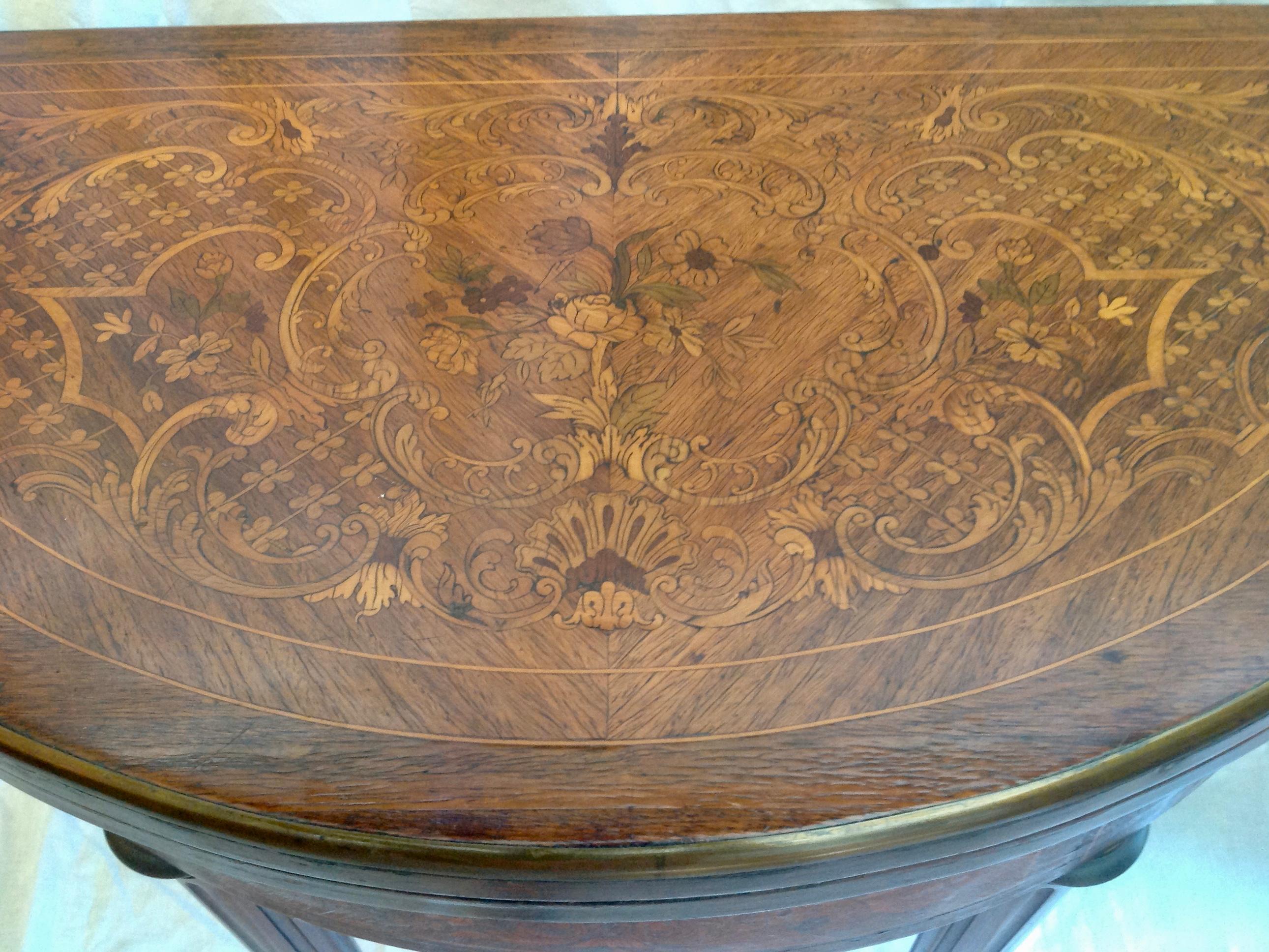 Louis XVI Style 19th Century Marquetry Demilune Flip Top Game Table 2