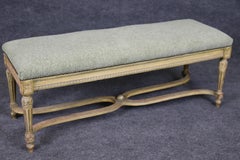 Louis XVI Style 19th Century Distressed Creme Painted Bench Green Upholstery