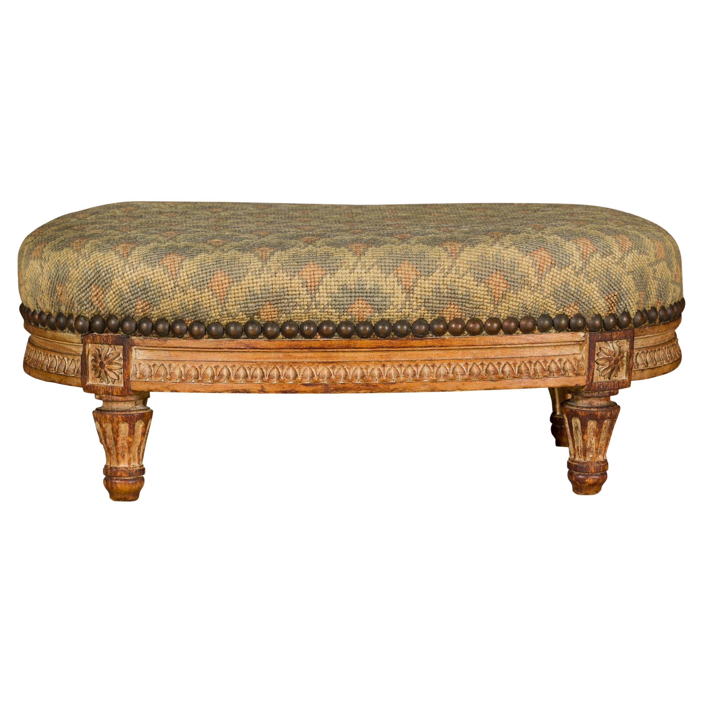 Louis XVI Style 19th Century French Stamped Pihouée Footstool with Carved Décor