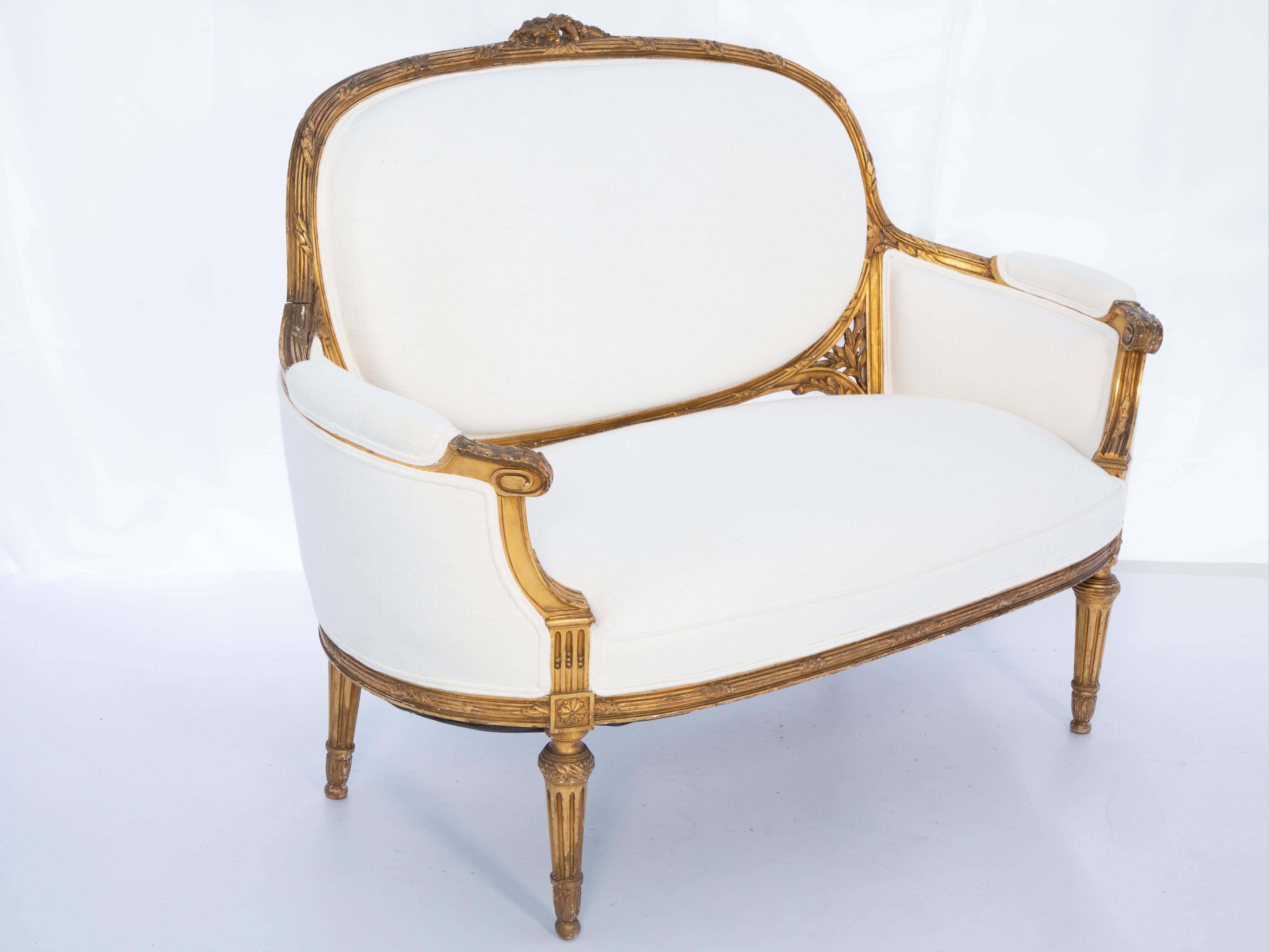 Louis XVI Style 19th Century Hand-Carved Giltwood Settee 1