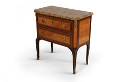 Louis XVI Style 19th Century Parquetry, Bronze, and Beige Marble Commode